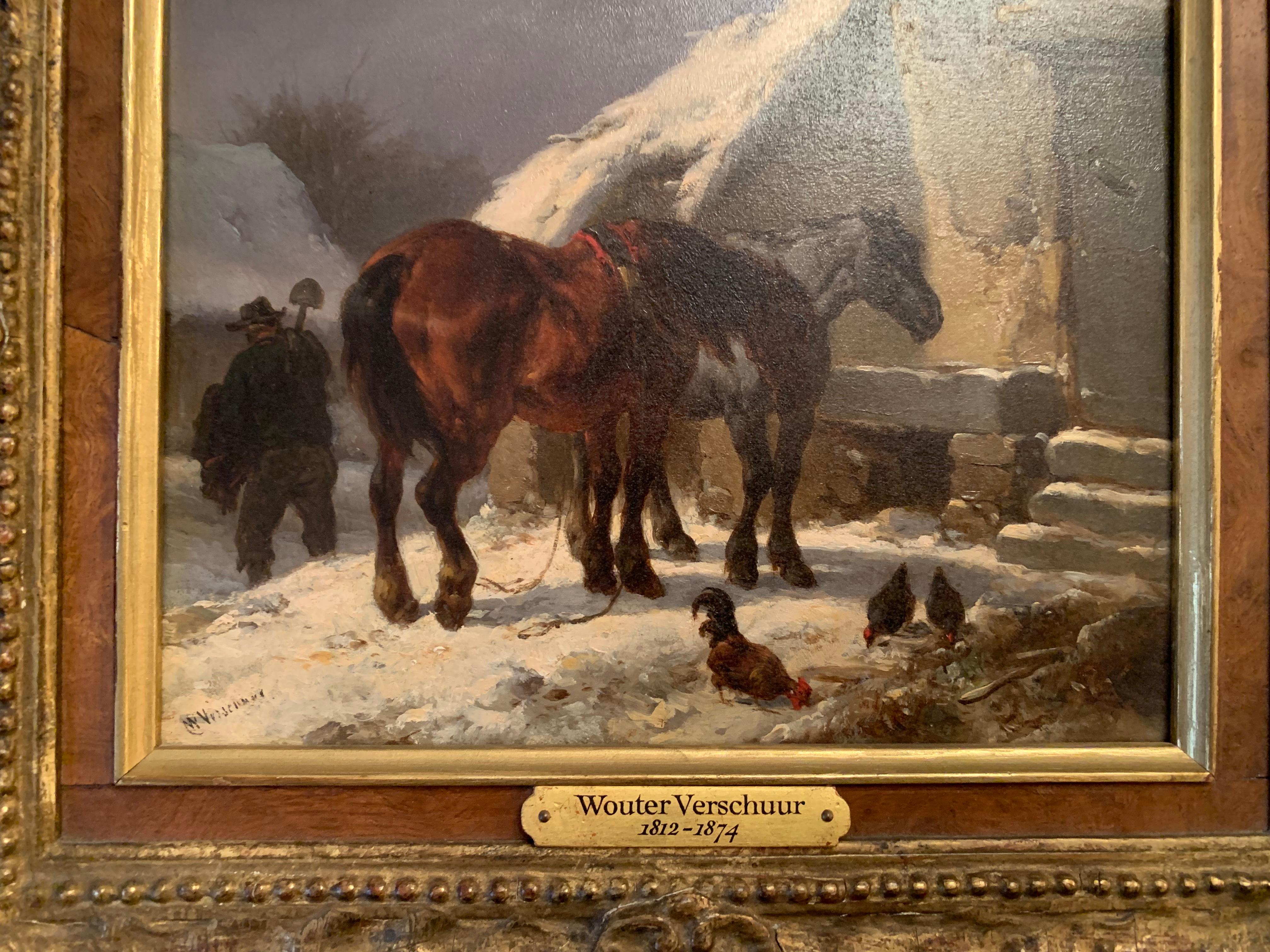 Öl auf Tafel mit dem Titel Das Ende des Tages, von dem niederländischen Künstler Wouter Varschuur 1812-1874.

Wauter Varschuur wurde 1812 in Amsterdam geboren und lernte schon früh bei Pieter Geradus van Os (1779-1839) und Cornelis Steffelaar