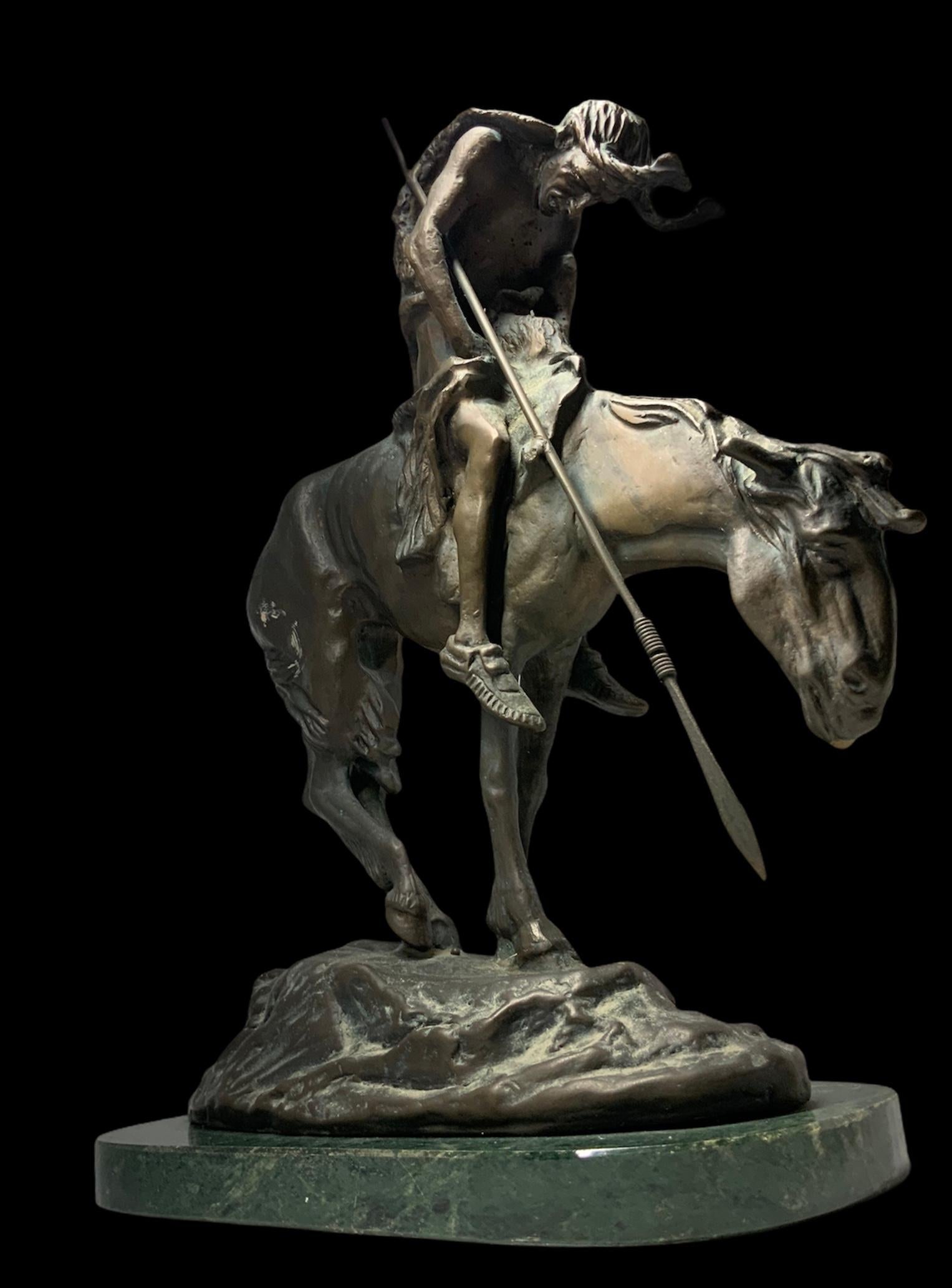 This a bronze sculpture after James Earle Fraser that is featuring an almost lifeless Native American who is riding a worn out horse while holding to his spear when they arrived to the Pacific Ocean border. You can see the well detailed features of