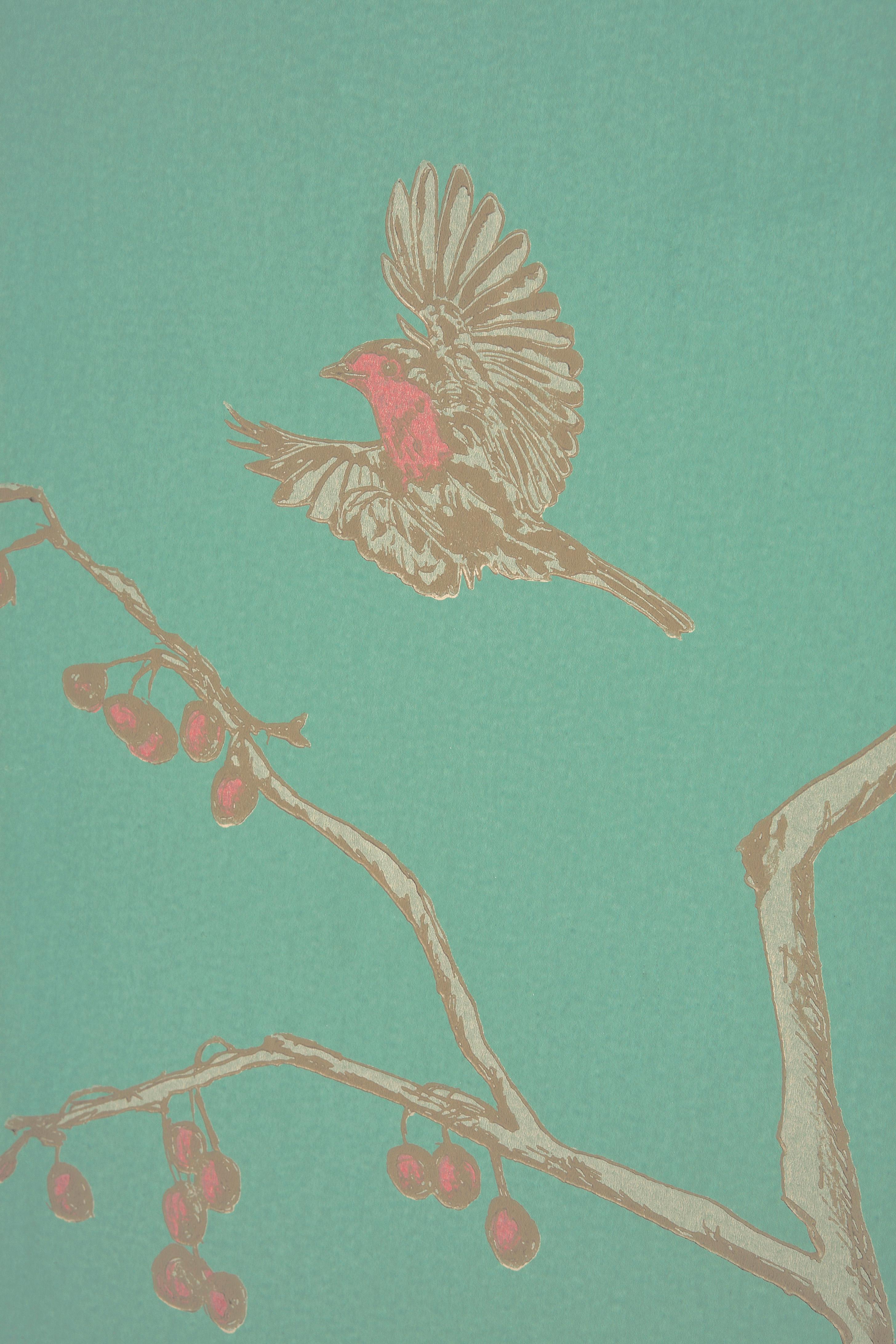 'the English Robin' Contemporary, Traditional Wallpaper in Jade (Britisch) im Angebot