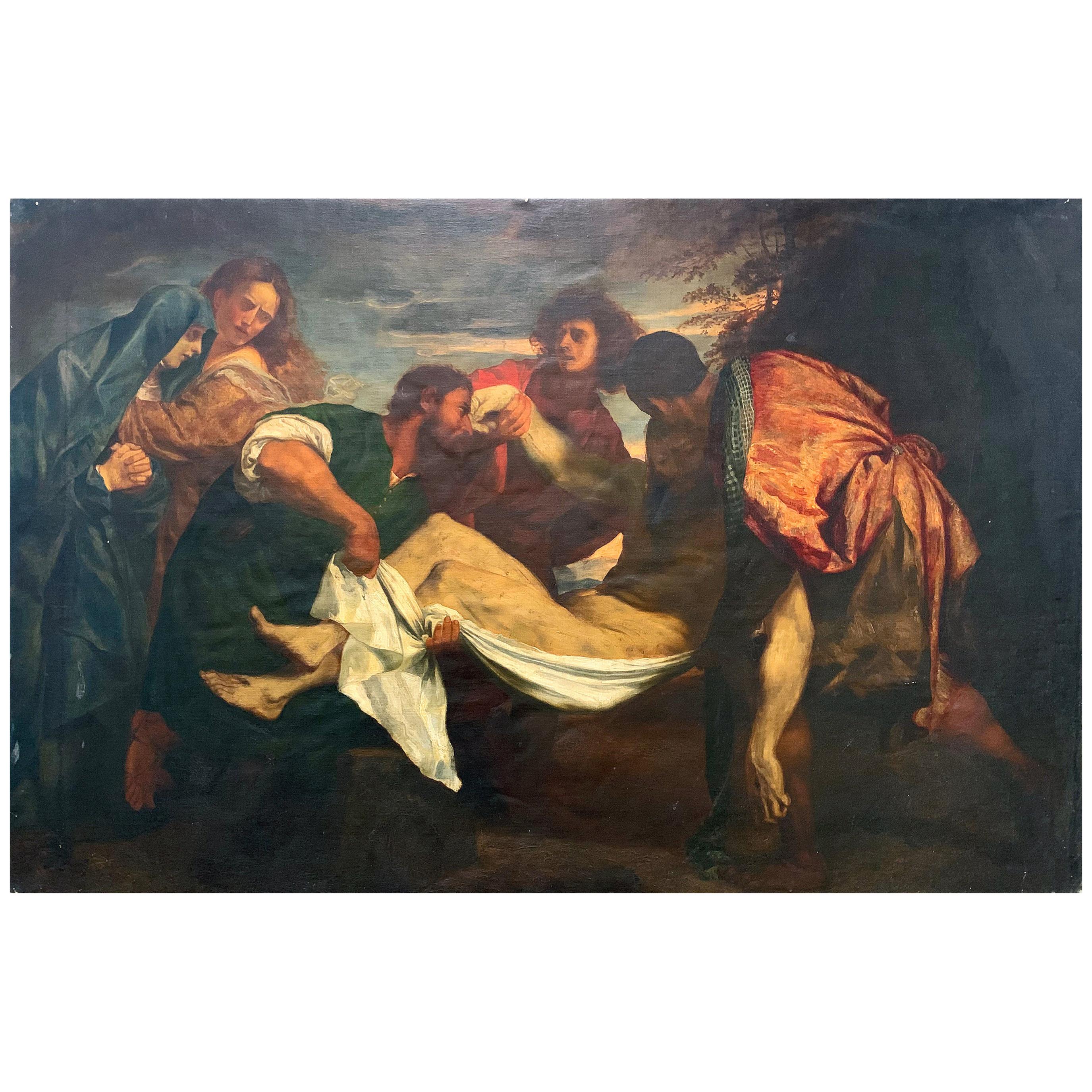 "The Entombment of Christ, " Fine Copy of Titian Masterpiece, Oil on Canvas
