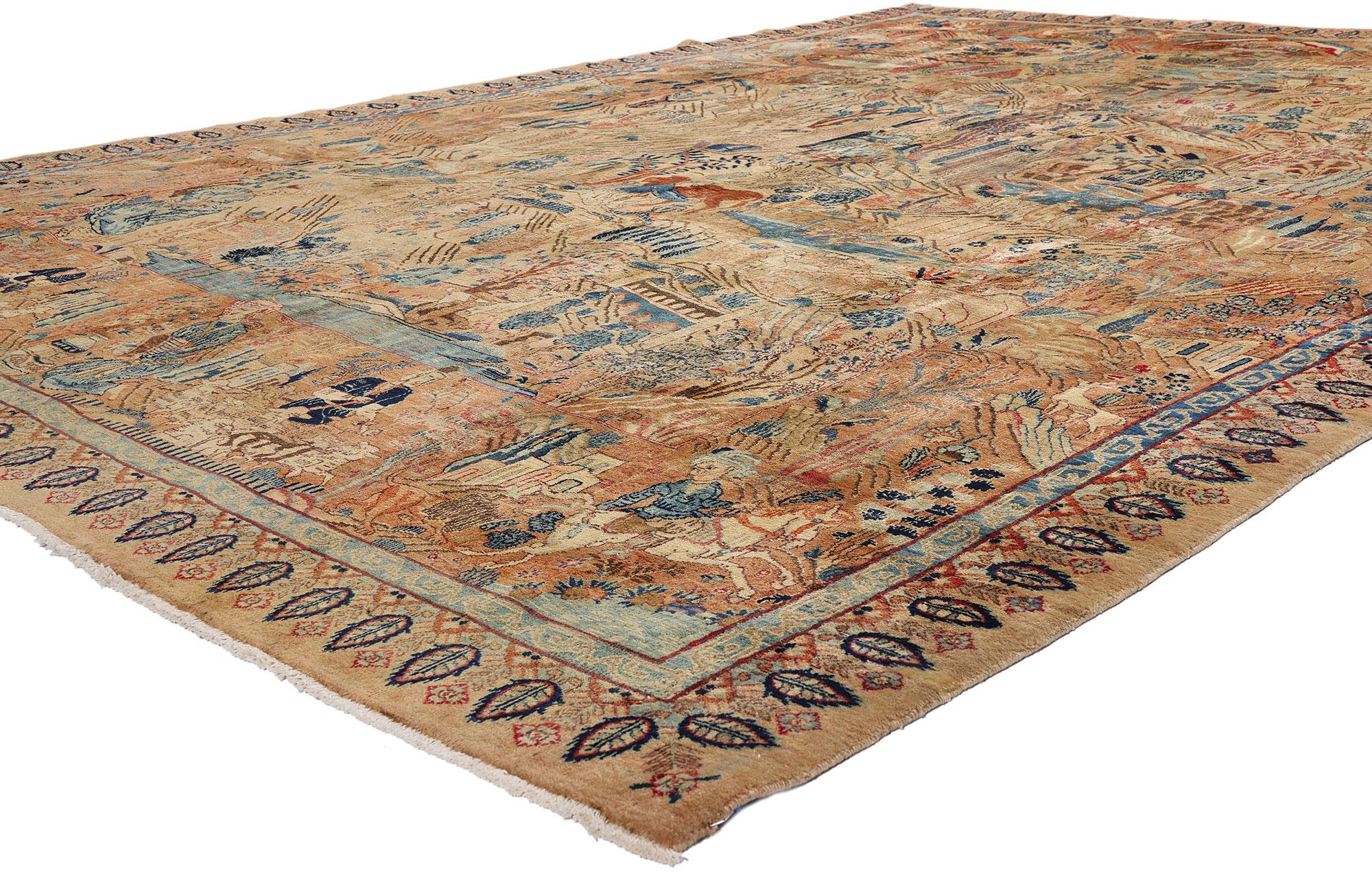 61437 Tapis persan vintage Najafabad Pictorial, 09'08 x 13'02. Du cœur de la lignée artistique dorée de la Perse émerge ce tapis pictural Najafabad vintage en laine nouée à la main, une œuvre transcendante de narration tissée qui capture la majesté