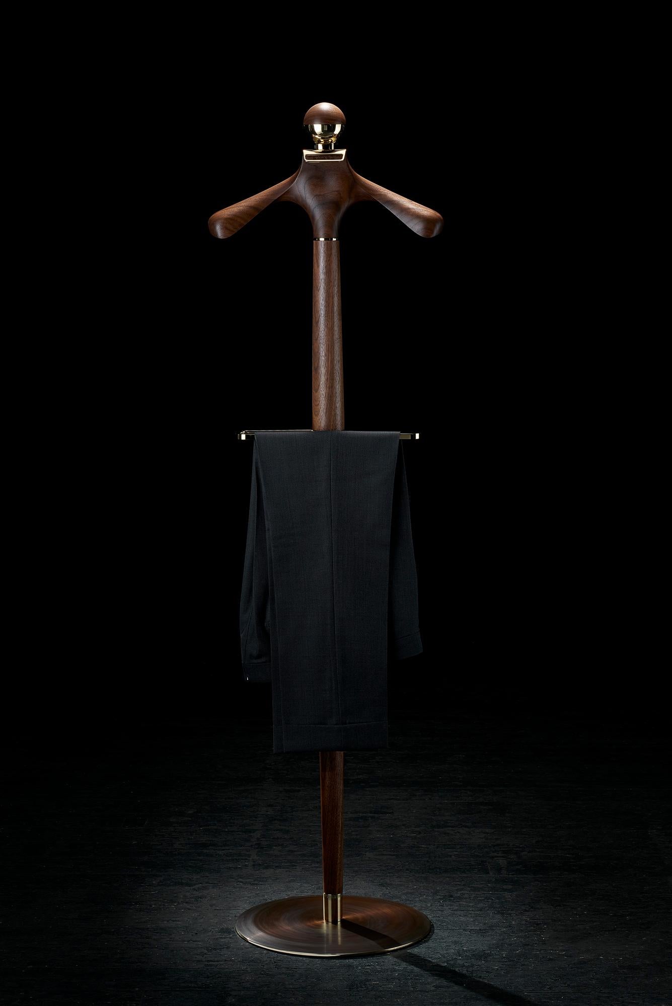 British Essential Valet Stand in Stainless Steel Walnut For Sale