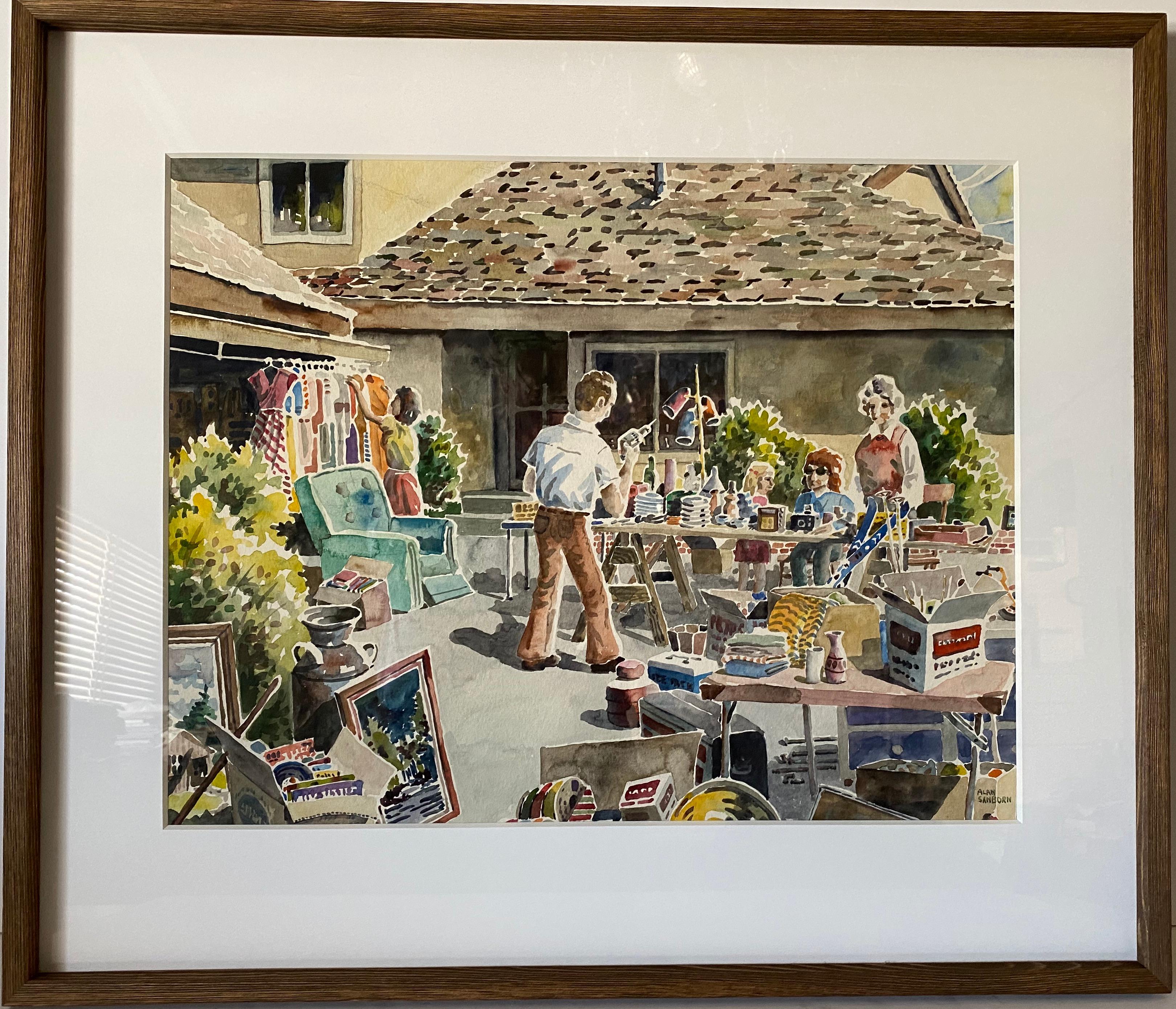 Cette aquarelle contemporaine vernaculaire d'un vide-grenier à Eureka, en Californie, a été peinte par Alan Sanborn, un artiste vivant célèbre, dont les œuvres ont été vues dans de nombreuses galeries et musées. La peinture est réalisée sur du