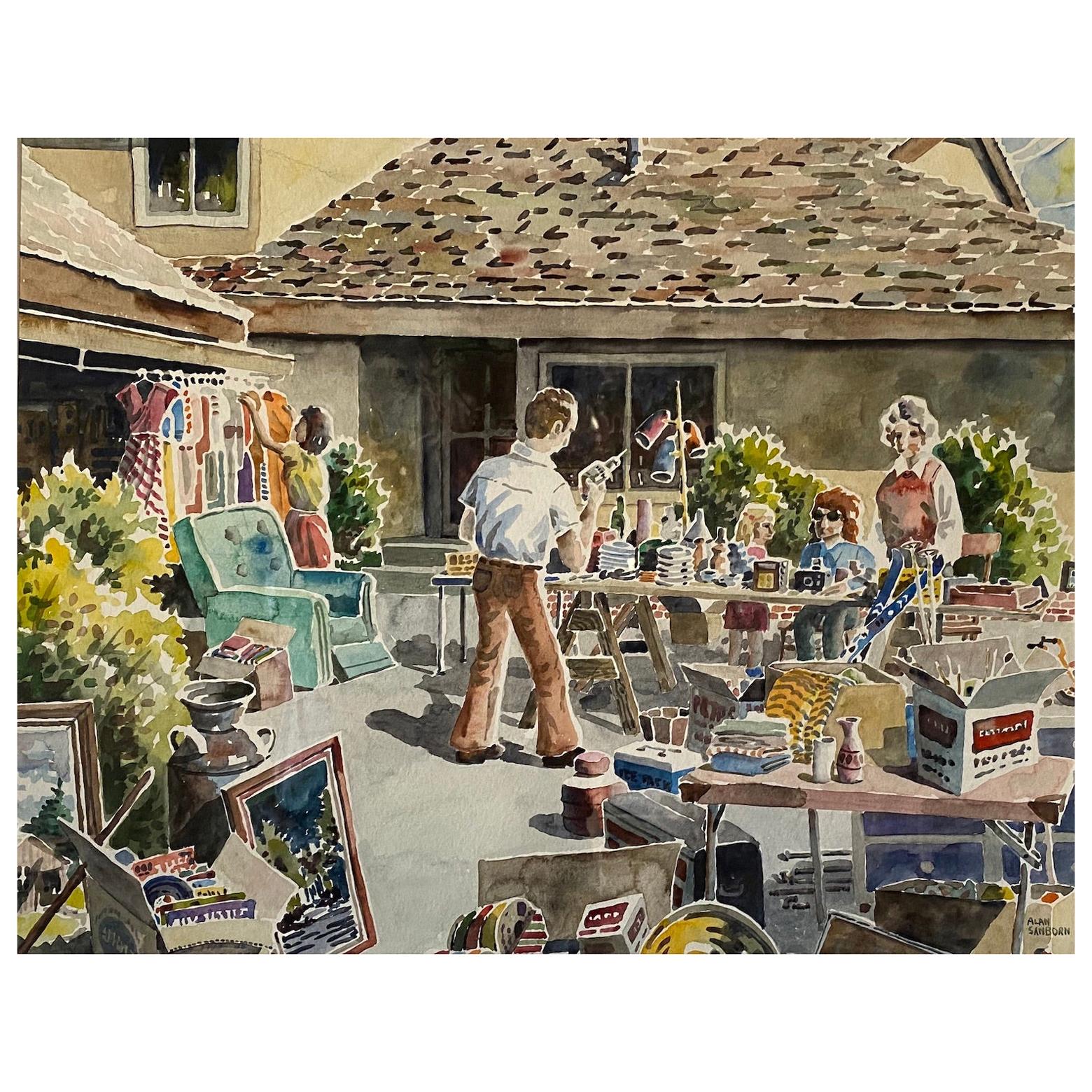 "The Estate Sale", a Contemporary Water Color Painting, Alan Sanborn, circa 1990