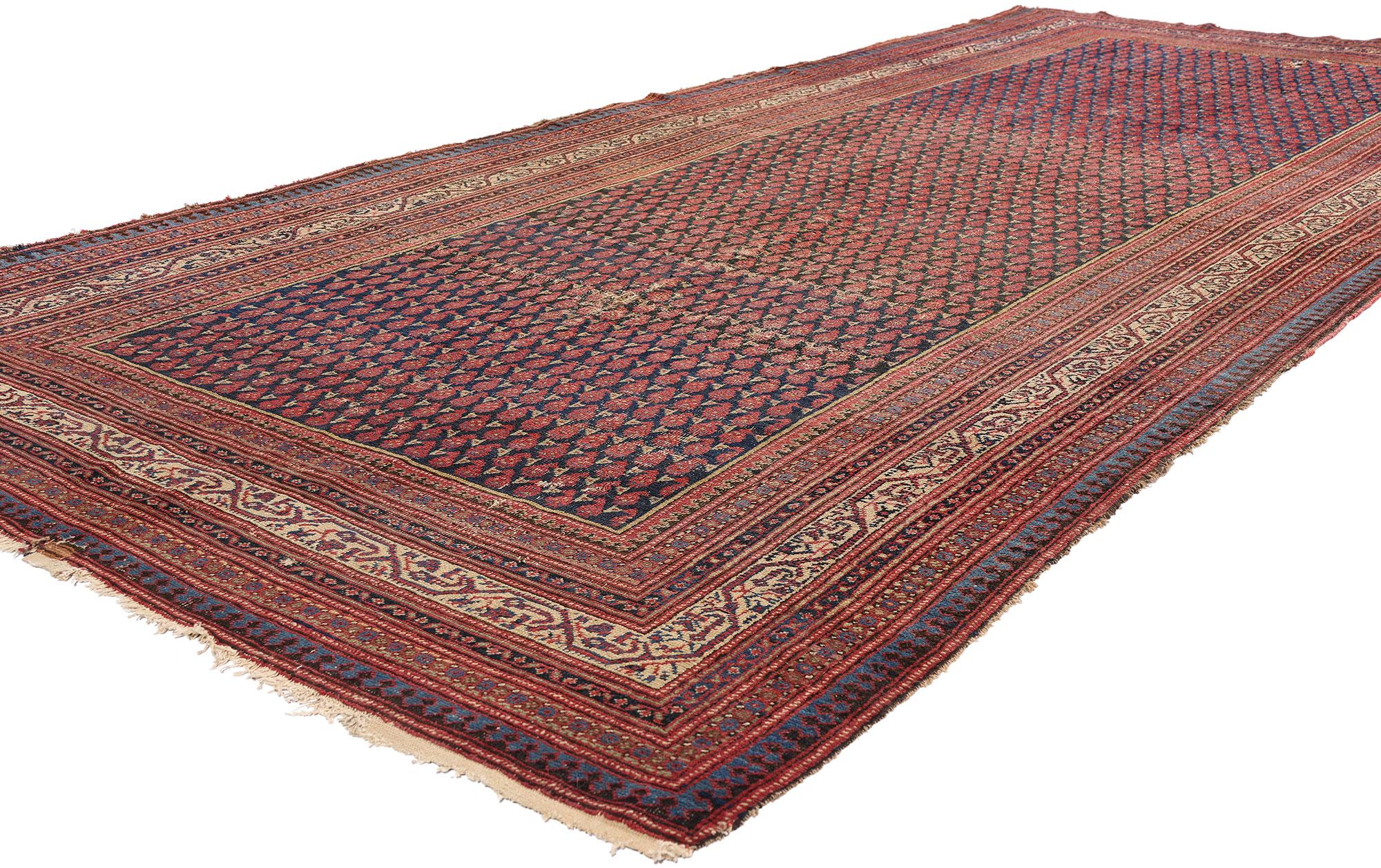 79324 Antiker persischer Malayer-Teppich des späten 19. Jahrhunderts, 05'06 x 12'11. Im poetischen Herzen Persiens, wo die Webstühle der Dörfer im Rhythmus der Vorfahren summten, entstand dieser handgeknüpfte Malayer-Teppich aus dem späten 19. Das