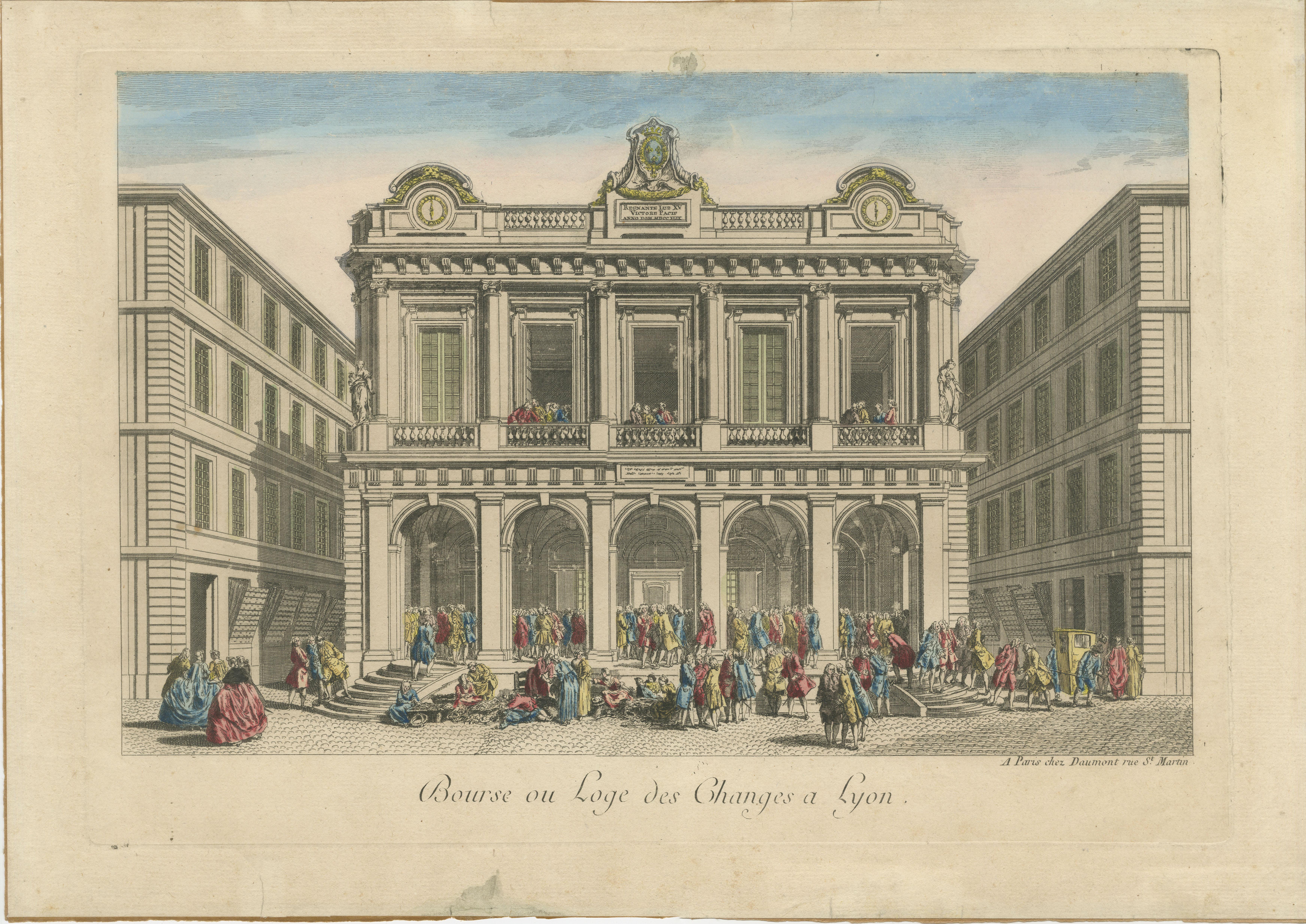 The Exchange Hall in Lyon – 18th Century Hand-Colored Engraving by Daumont