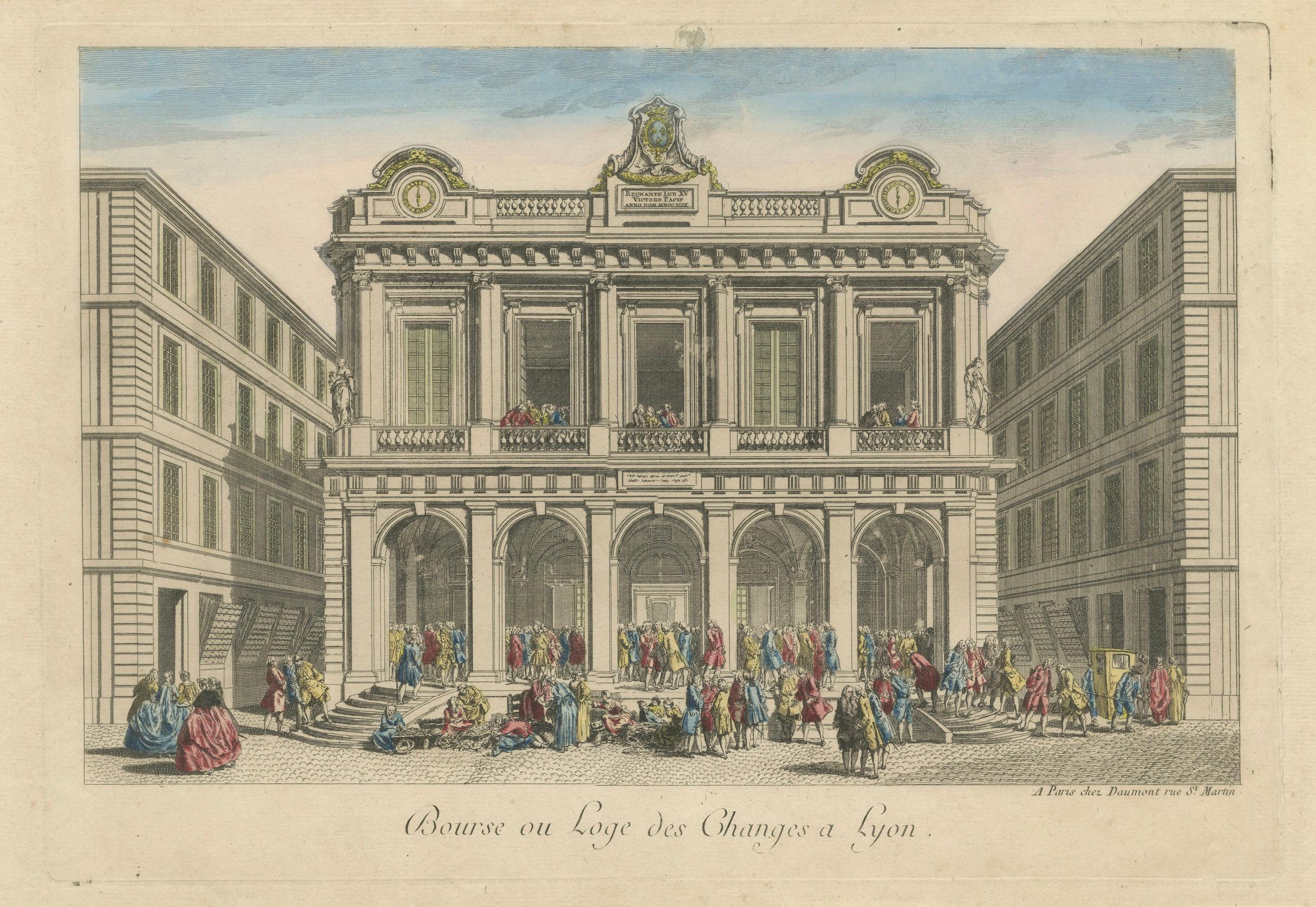 The Exchange Hall in Lyon – 18th Century Hand-Colored Engraving by Daumont