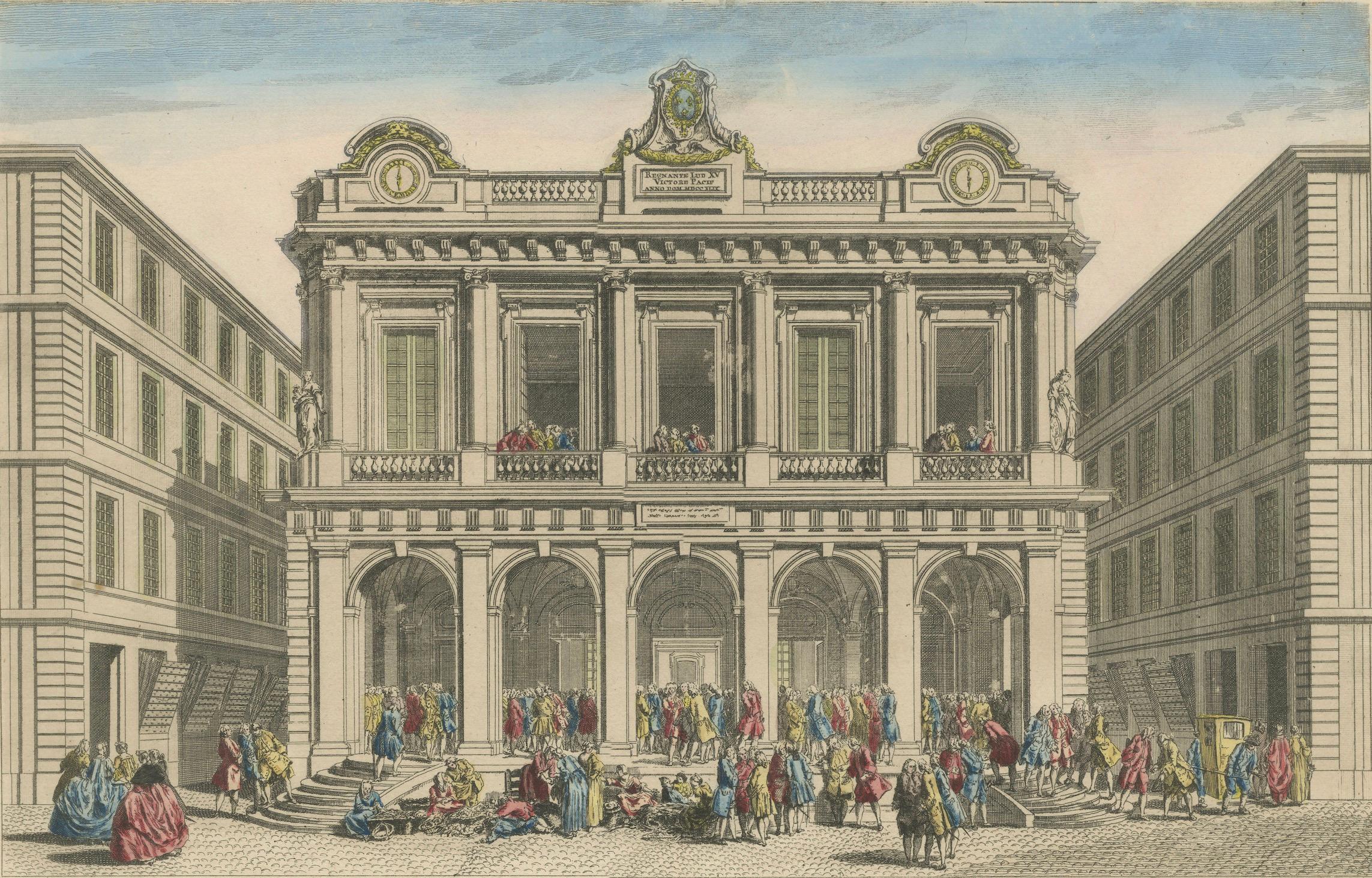 The Exchange Hall in Lyon – 18th Century Hand-Colored Engraving by Daumont