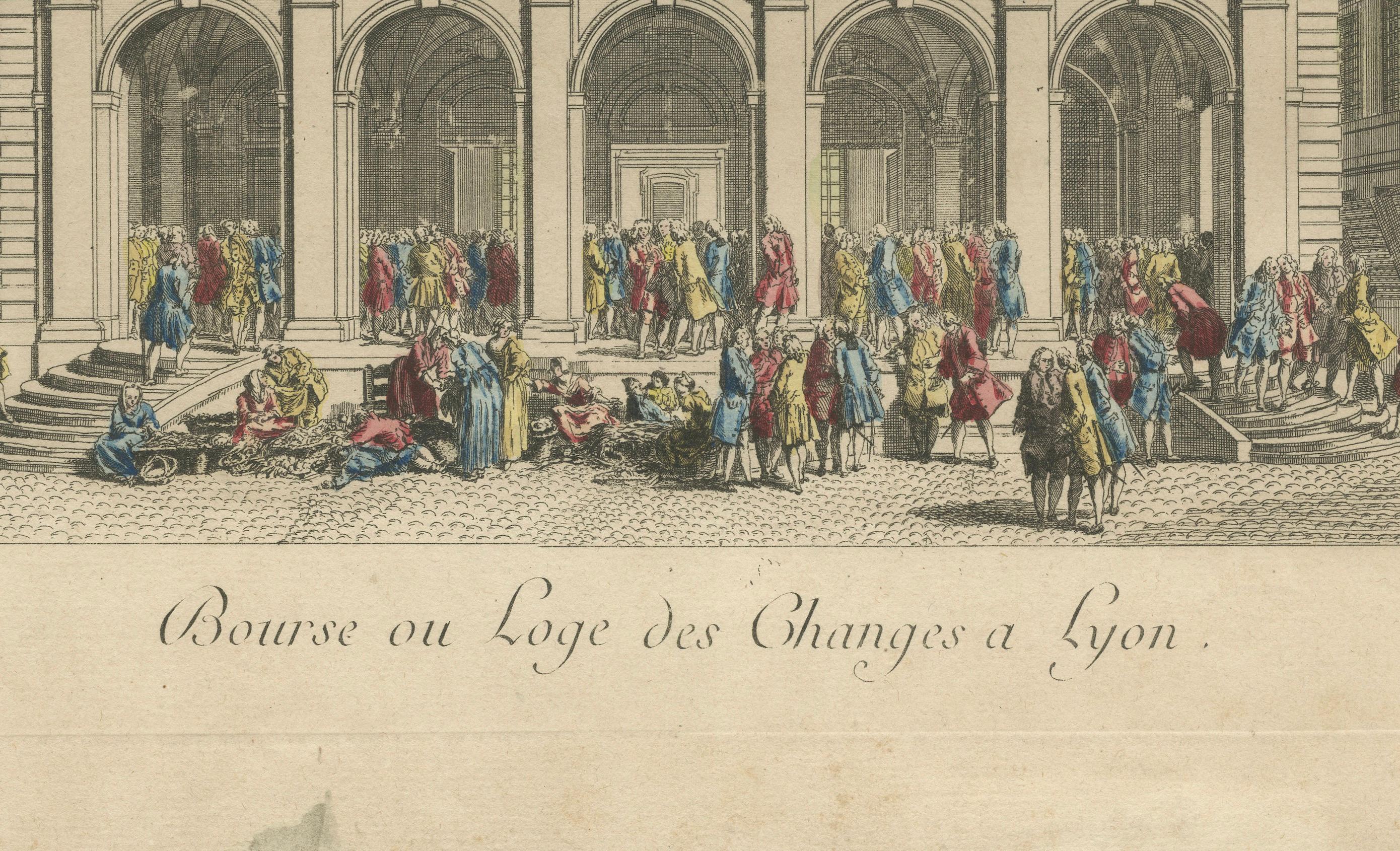 The Exchange Hall in Lyon – 18th Century Hand-Colored Engraving by Daumont