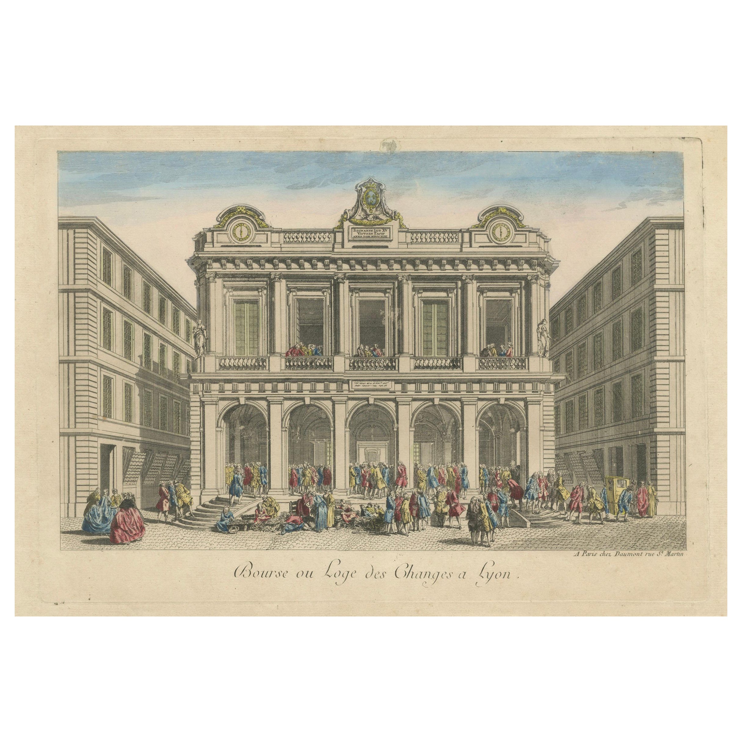 La salle de la Bourse de Lyon - Gravure à la main du XVIIIe siècle par Daumont