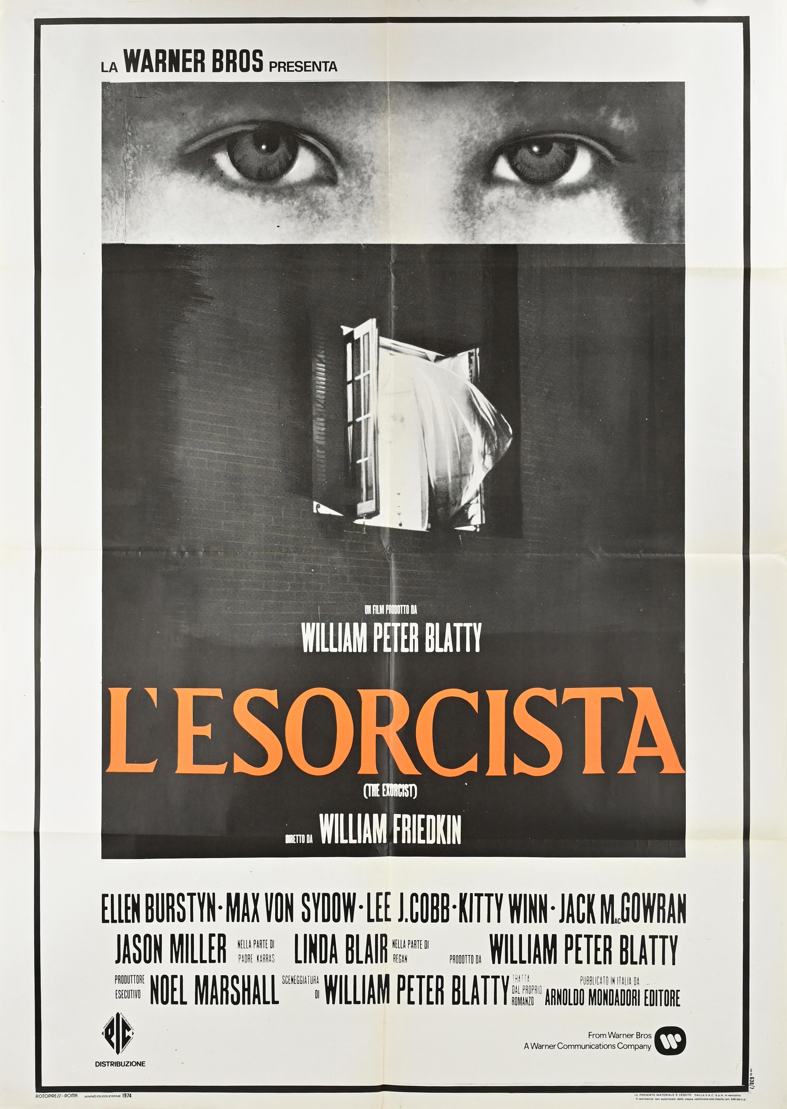 Vintage Poster

Italian 2-Foglio (39 × 55 in.), Warner Bros.
Directed by William Friedkin, starring Linda Blair, Ellen Burstyn, Max von Sydow. Stark monochrome design with orange title and haunting eye motif. Folded. Condition: B+, light fold wear