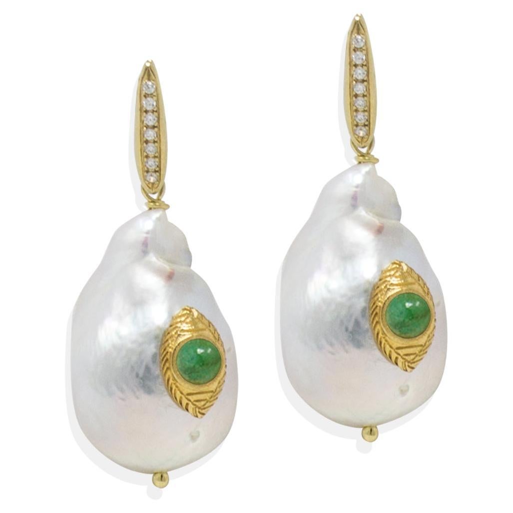 Eye Green Emerald & Pearl Earrings For Sale