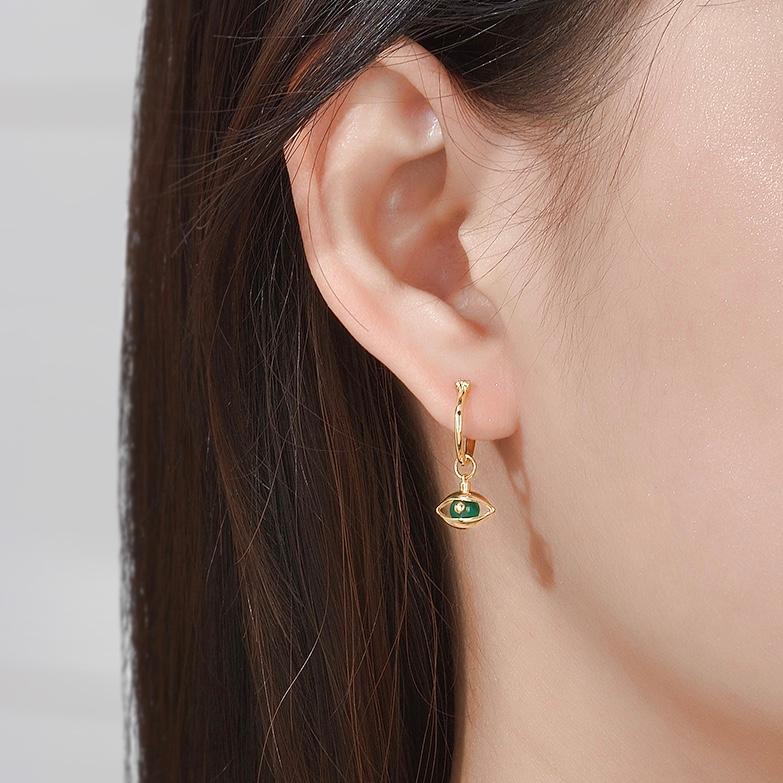 Artisan Eye Unisex Mini Hoop Earrings 18 Karat Yellow Gold Green Chalcedony Beads For Sale