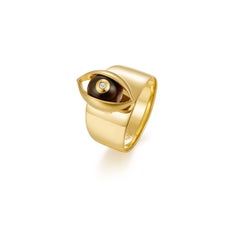 Eye Unisex Ring 18 Karat Yellow Gold Tigers Eye Ruby Diamond