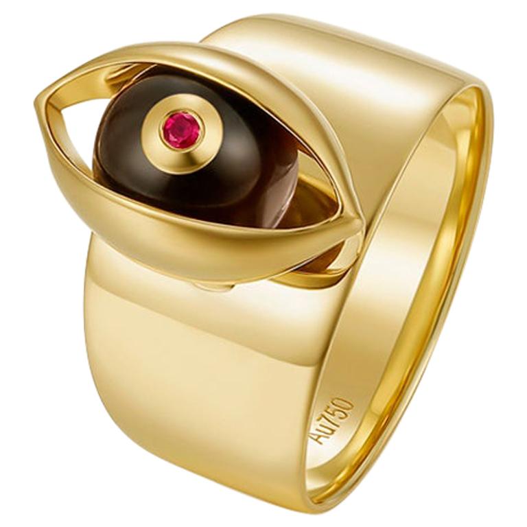 Eye Unisex Ring 18 Karat Yellow Gold Tigers Eye Ruby Diamond