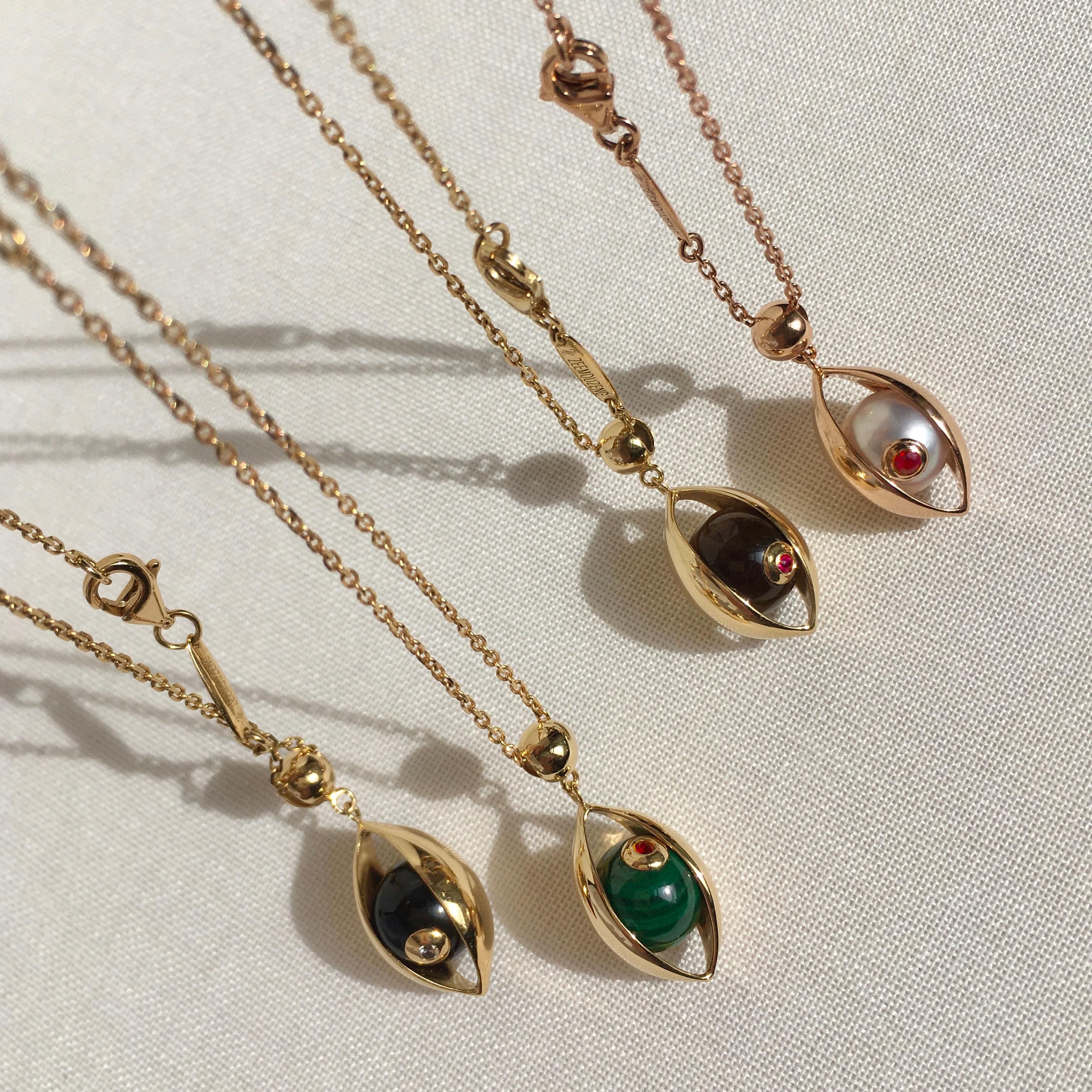 Artisan Eye Unisex Pendant Necklace 18 Karat Yellow Gold Green Malachite Ruby Diamond For Sale