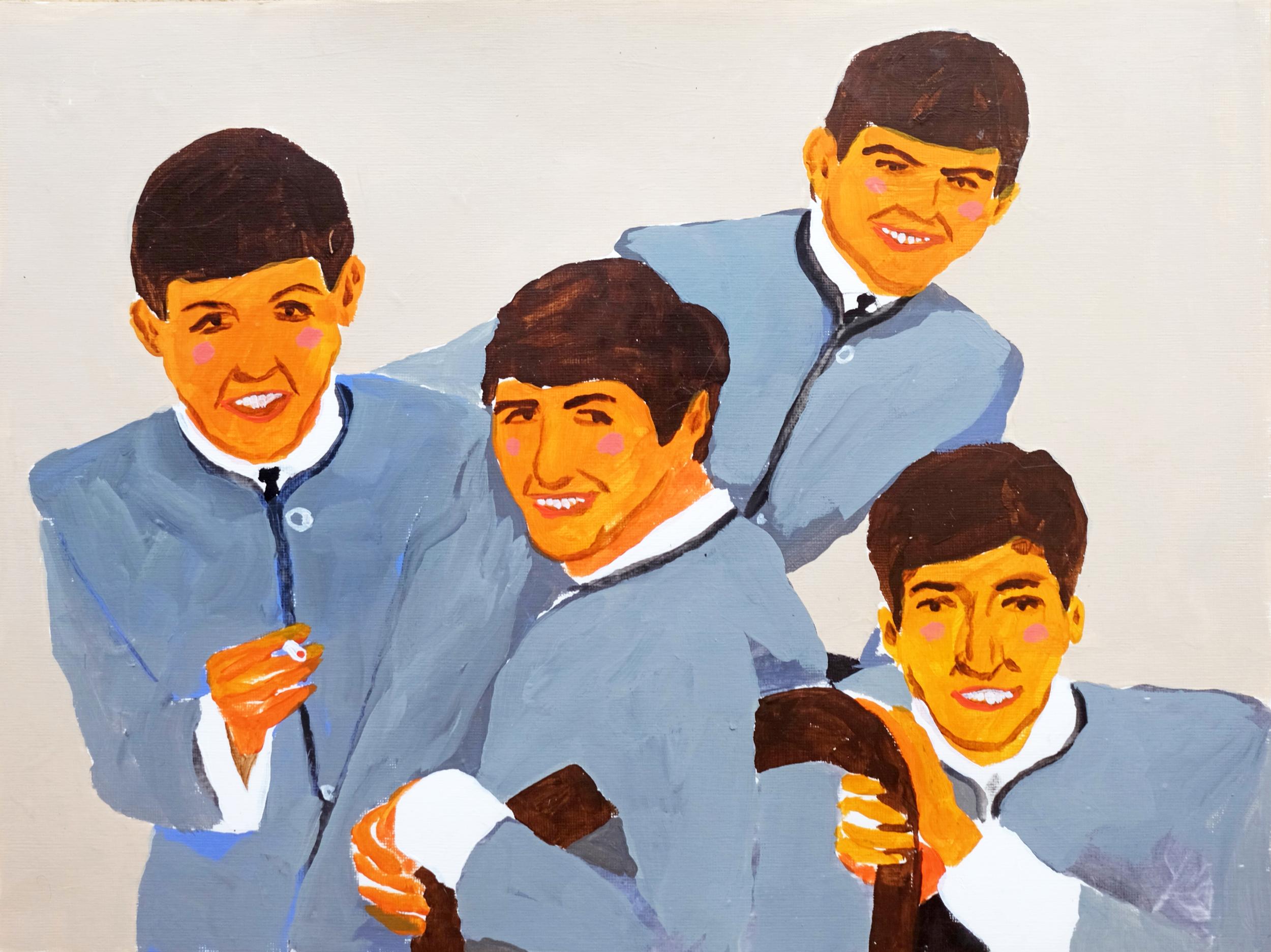 Modern 'The Fab Four' Beatles Portrait Painting by Alan Fears Acrylic on Paper For Sale