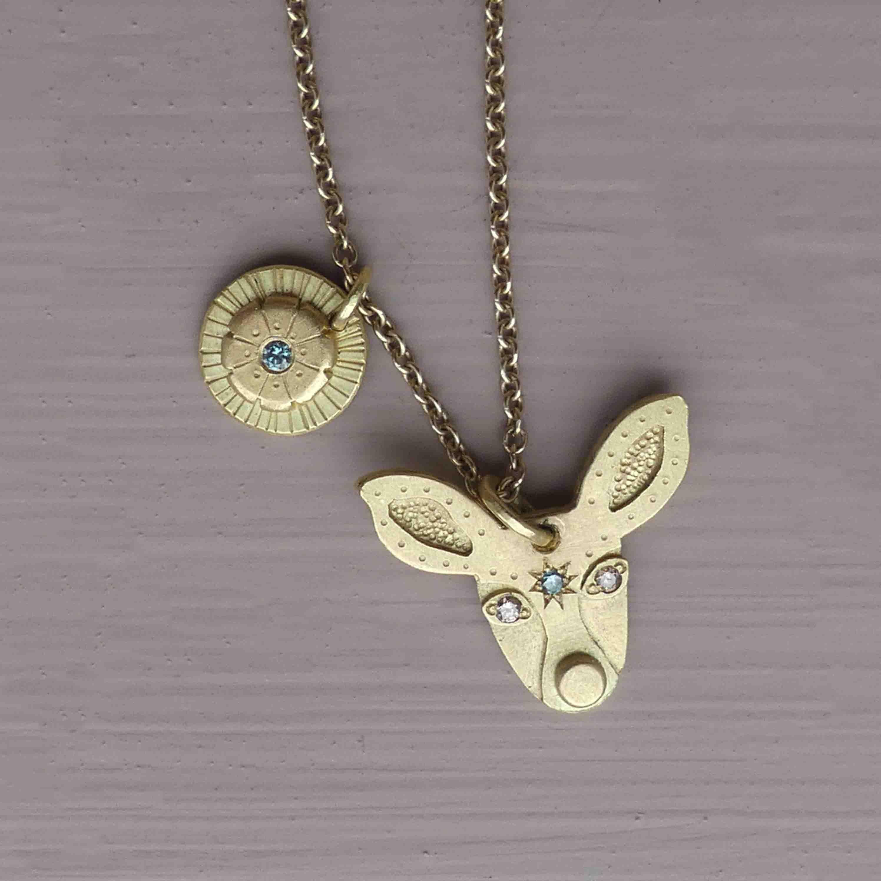 Artisan The Fae Deer Ethical Amulet Pendant 18k Fairmined Gold, Blue and Brown Diamonds For Sale