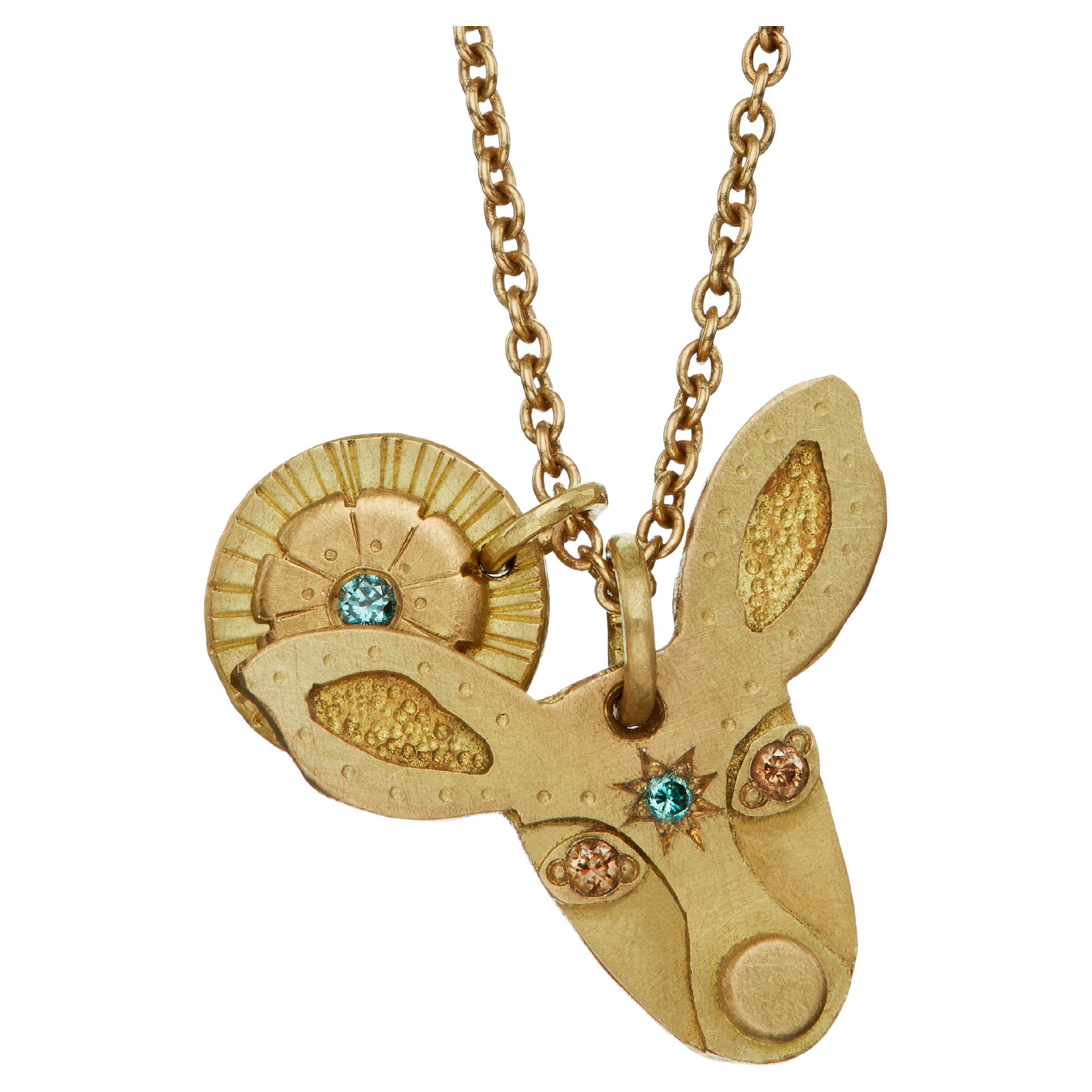 The Fae Deer Ethical Amulet Pendant 18k Fairmined Gold, Blue and Brown Diamonds For Sale