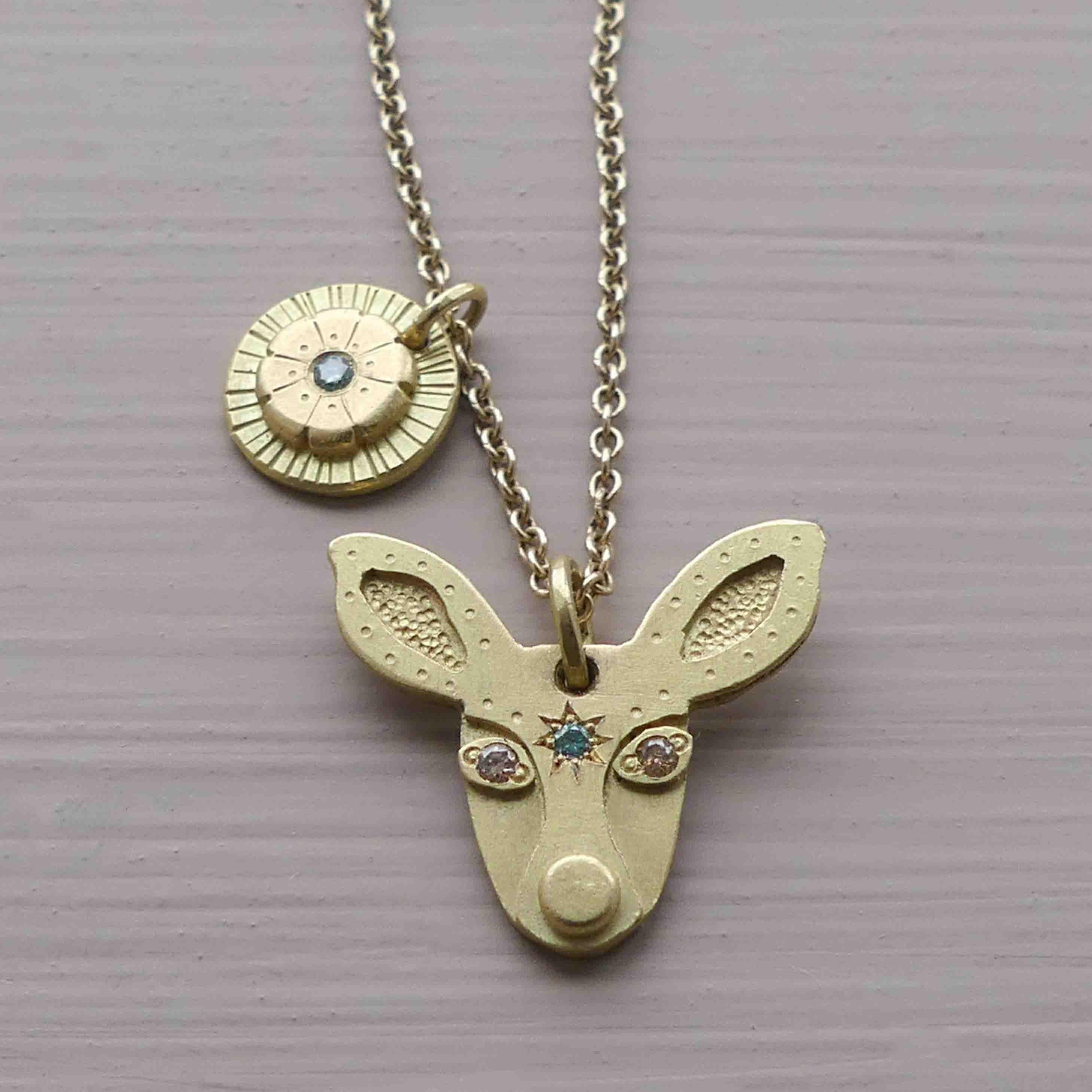 The Fae Deer Ethical Amulet Pendant 18k Fairmined Gold, Blue and Brown Diamonds In New Condition For Sale In London, GB