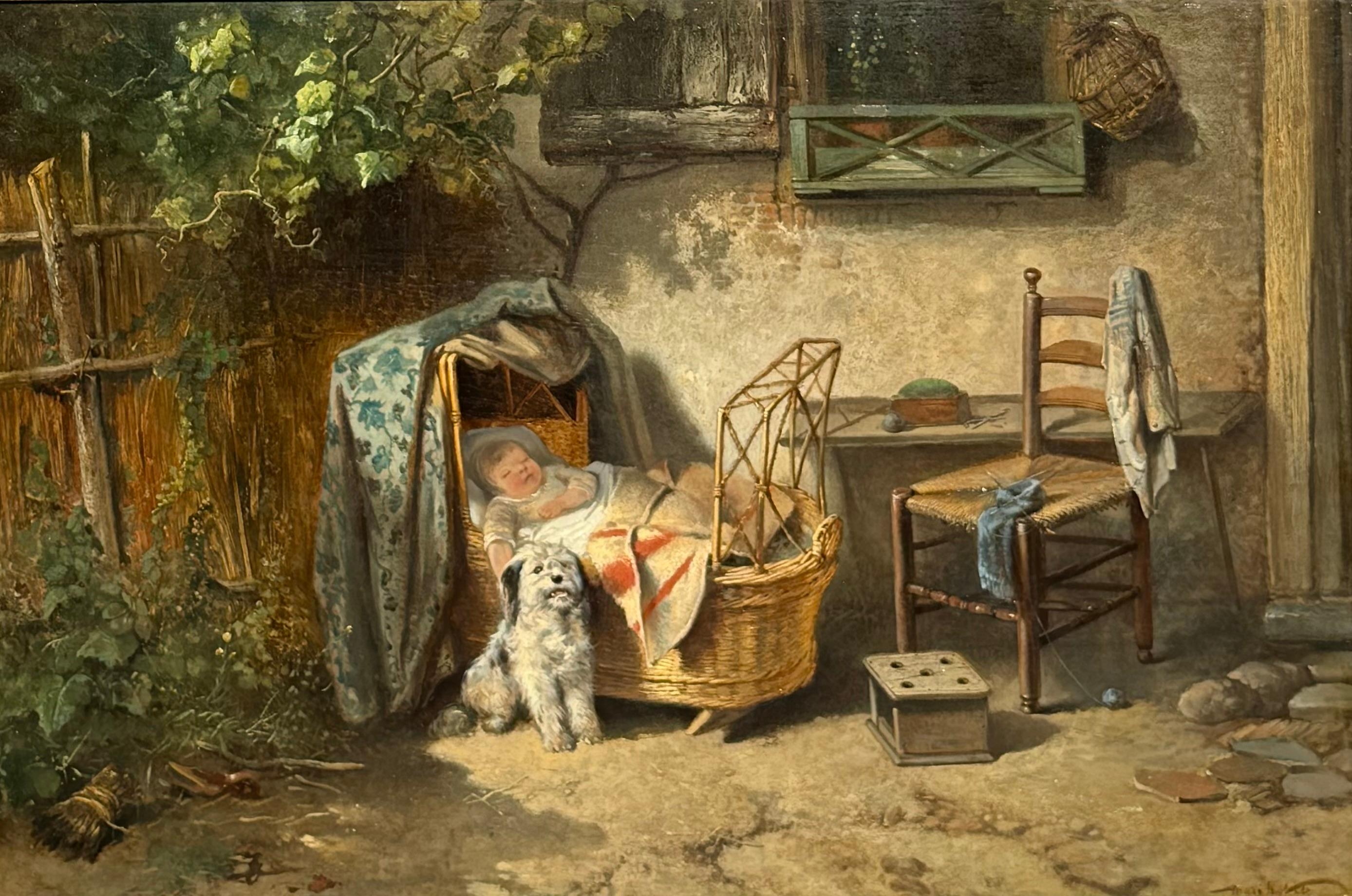 Este maravilloso cuadro muestra a un perro leal que vigila a un bebé que duerme la siesta en un patio soleado.  Es un óleo sobre tabla y lleva un marco de época, posiblemente original, y está firmado en la esquina inferior derecha.  La pieza se
