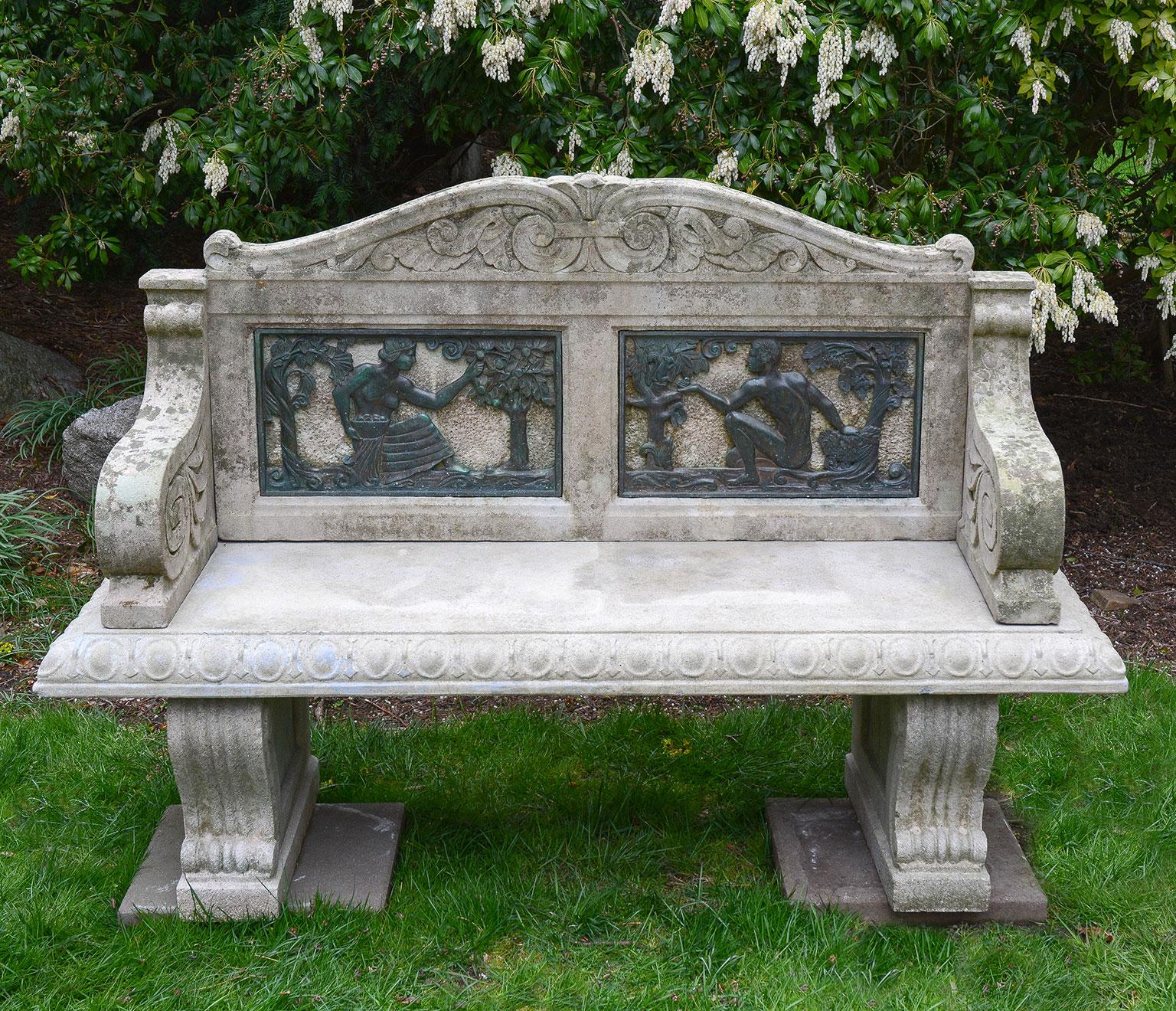 Art Deco Stone Bench with Black Bronze Relief Sculptures