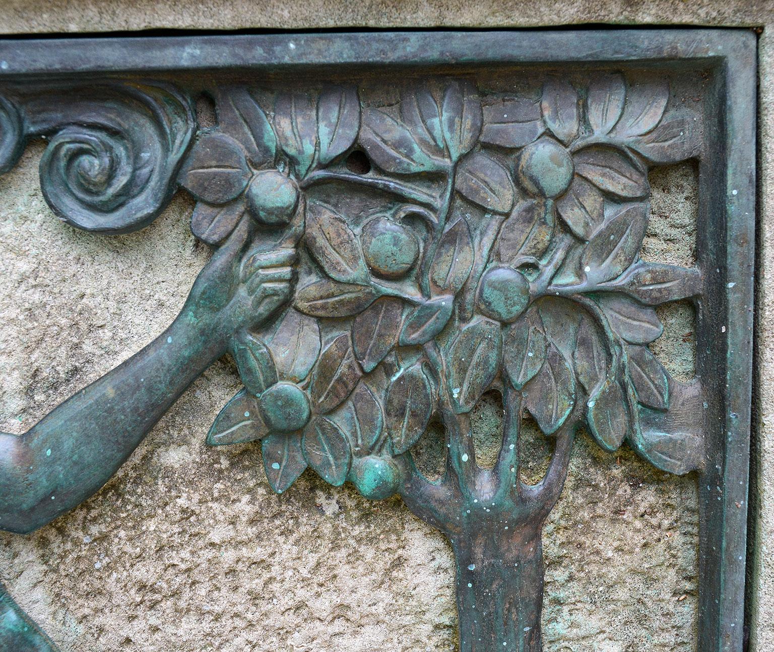 Stone Bench with Black Bronze Relief Sculptures 1