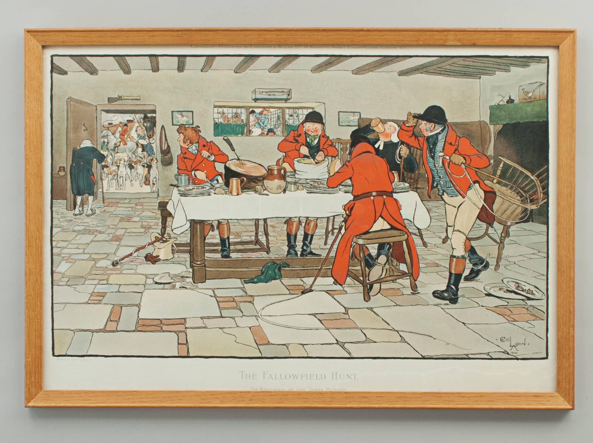 Humorous hunting print by Cecil Aldin.
A colorful chromolithographic print after Cecil Aldin entitled: The Fallowfield Hunt, The Breakfast at the Three Pigeons. Published by Lawrence and Bullen Ltd., 16 Henrietta Street, Covent Garden, London. The