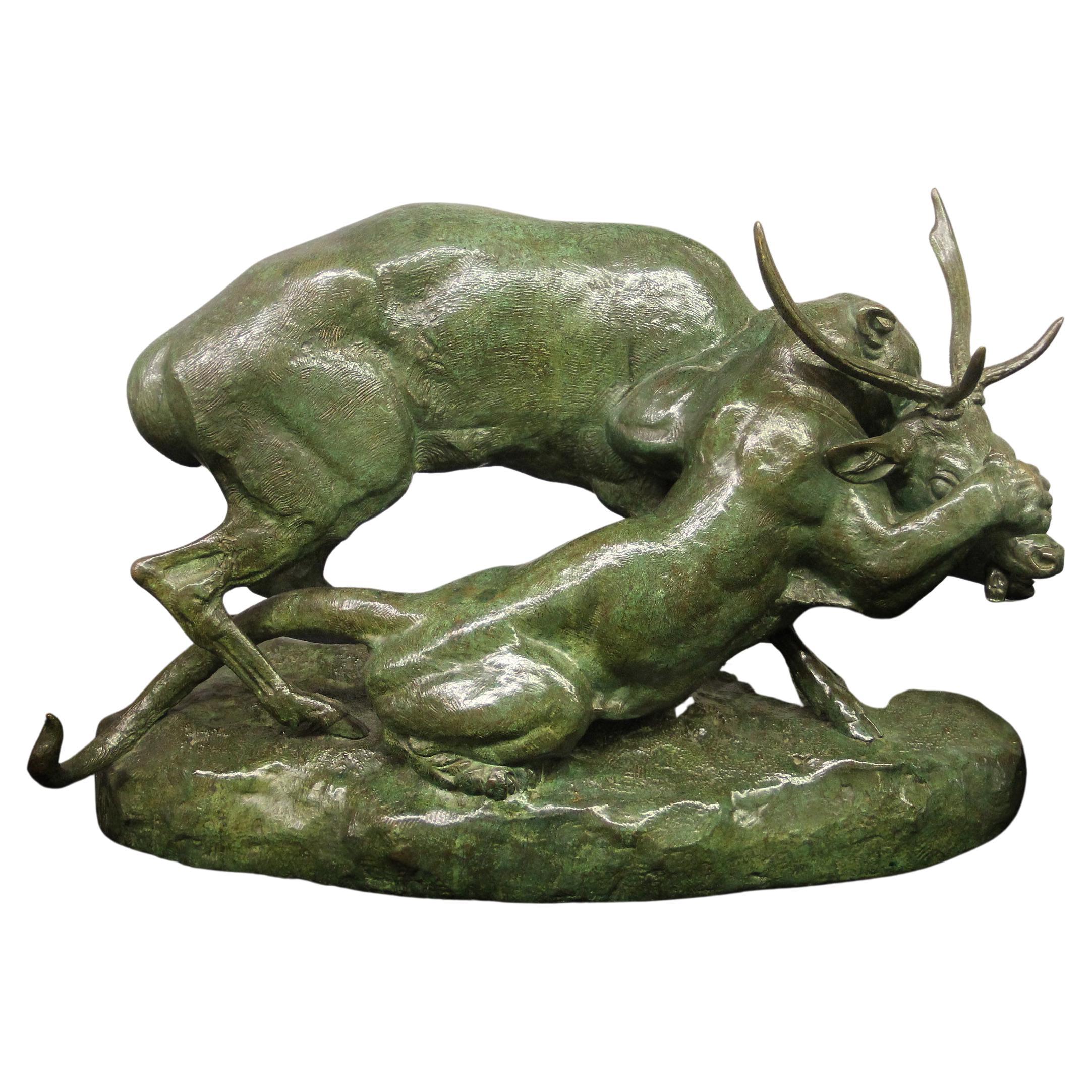 The Famous Bronze Sculpture Entitled “Panthère Saisissant Un Cerf” by Barye