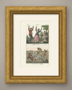 La danza del Fandango e una corrida spagnola, litografia colorata a mano, 1842