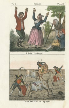 La danza del Fandango e una corrida spagnola, litografia colorata a mano, 1842