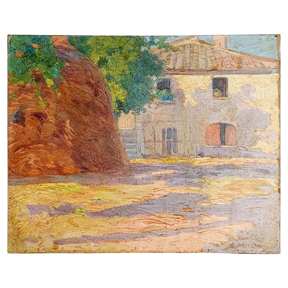 This wonderful small oil painting of an Italian farmhouse was painted by the Italian artist Enrico Ortalani in 1919. It is signed and dated on the front of the piece. The Umbrian farmhouse is magically transformed by the Italian sunlight and the