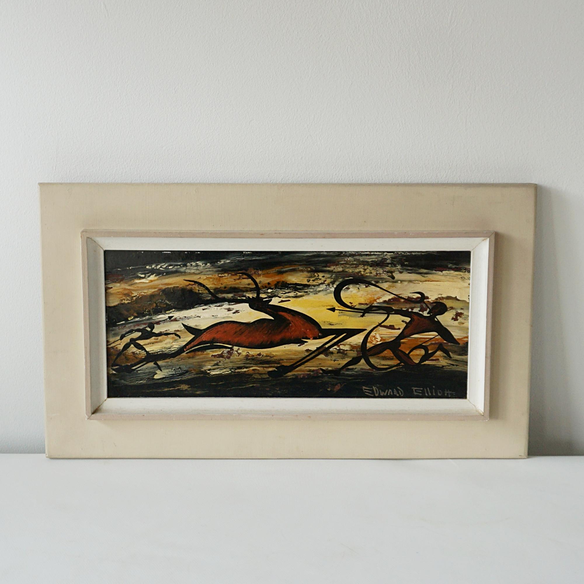 A Mid-Century oil on board expressionist painting by Edward M. Elliott depicting a hunting scene. Signed to lower right. 

Dimensions: H 30cm W 53.5cm D 3cm 

Origin: English 

Date: Circa 1940

Item Number: 1004242