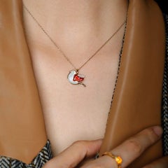 The Fat Pigeon - Fire Opal Diamond Pendant 18K Yellow Gold Adorable Bird Necklac