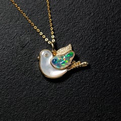 The Fat Pigeon - Fire Opal Diamond Pendant 18K Yellow Gold Adorable Bird Necklac