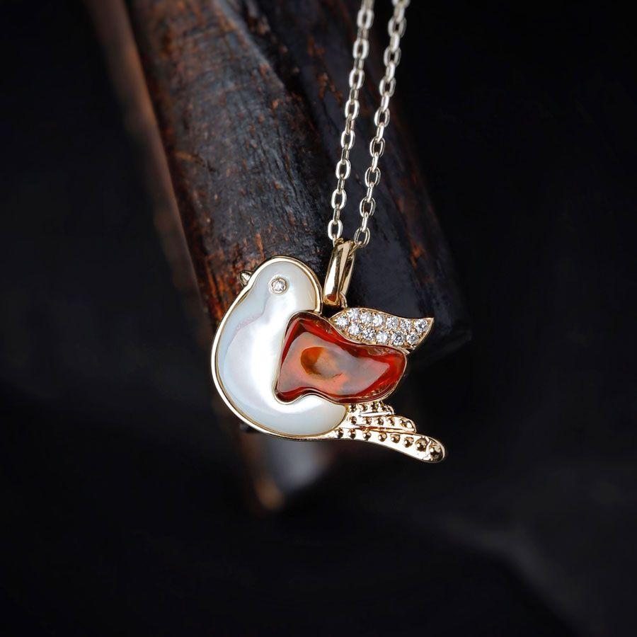 Arts and Crafts The Fat Pigeon - Fire Opal Diamond Pendant 18K Yellow Gold Adorable Bird Necklac