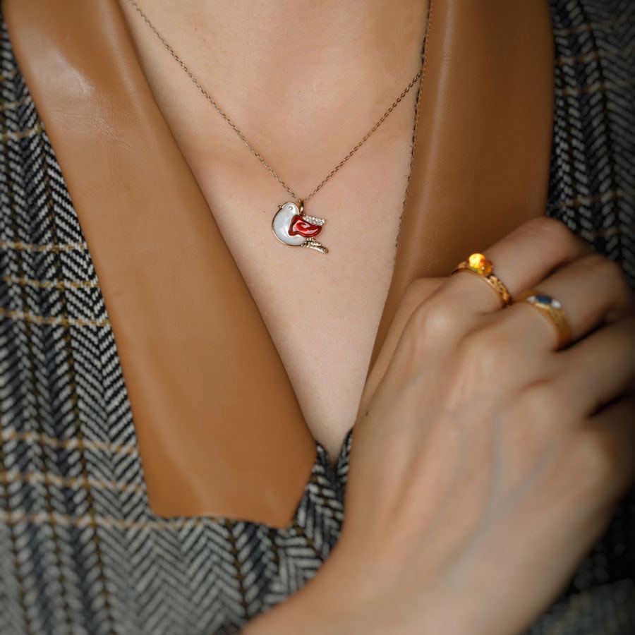 Women's or Men's The Fat Pigeon - Fire Opal Diamond Pendant 18K Yellow Gold Adorable Bird Necklac