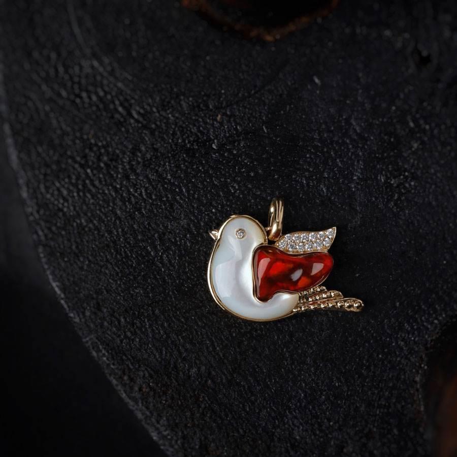The Fat Pigeon - Fire Opal Diamond Pendant 18K Yellow Gold Adorable Bird Necklac 1