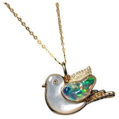 The Fat Pigeon - Fire Opal Diamond Pendant 18K Yellow Gold Adorable Bird Necklac