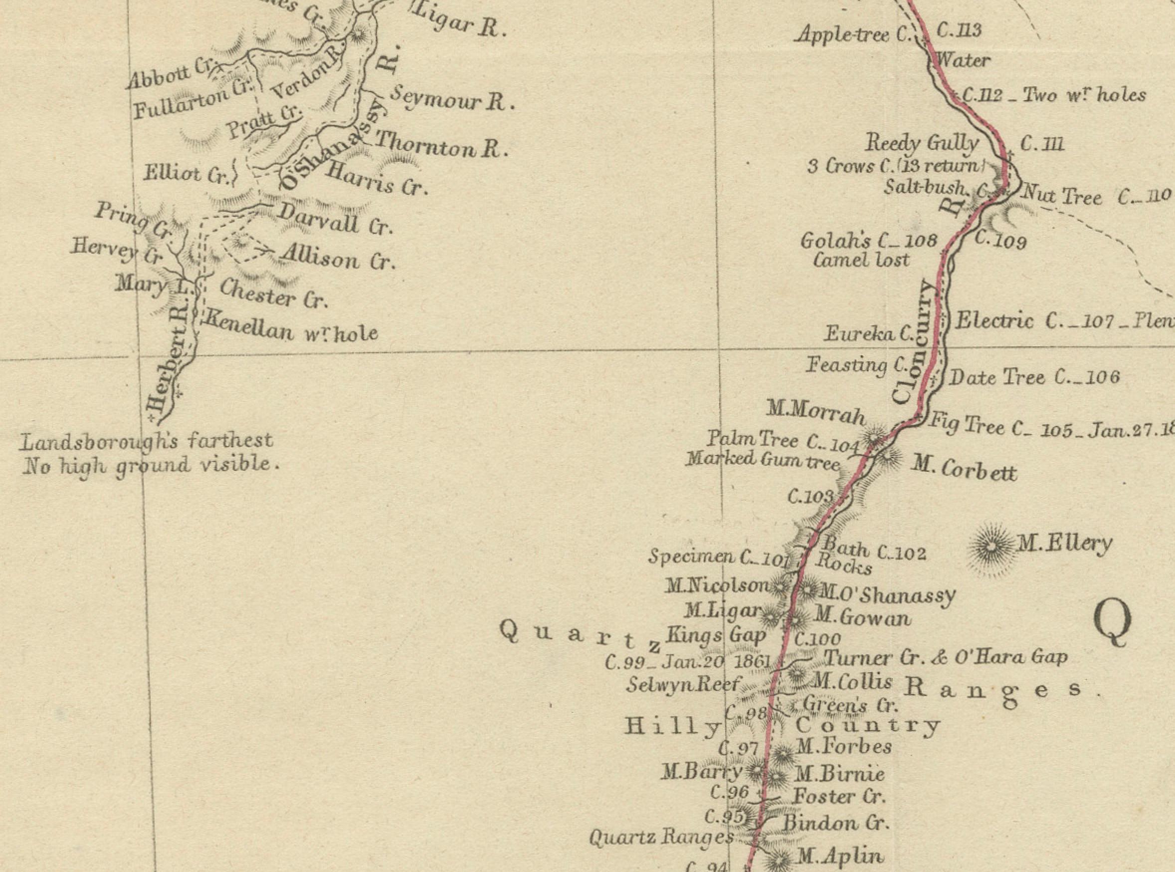 The map depicts the route of the Burke and Wills expedition, one of the most famous and tragic explorations in Australian history. This journey was the first to cross the Australian continent from south to north, starting in Melbourne and reaching