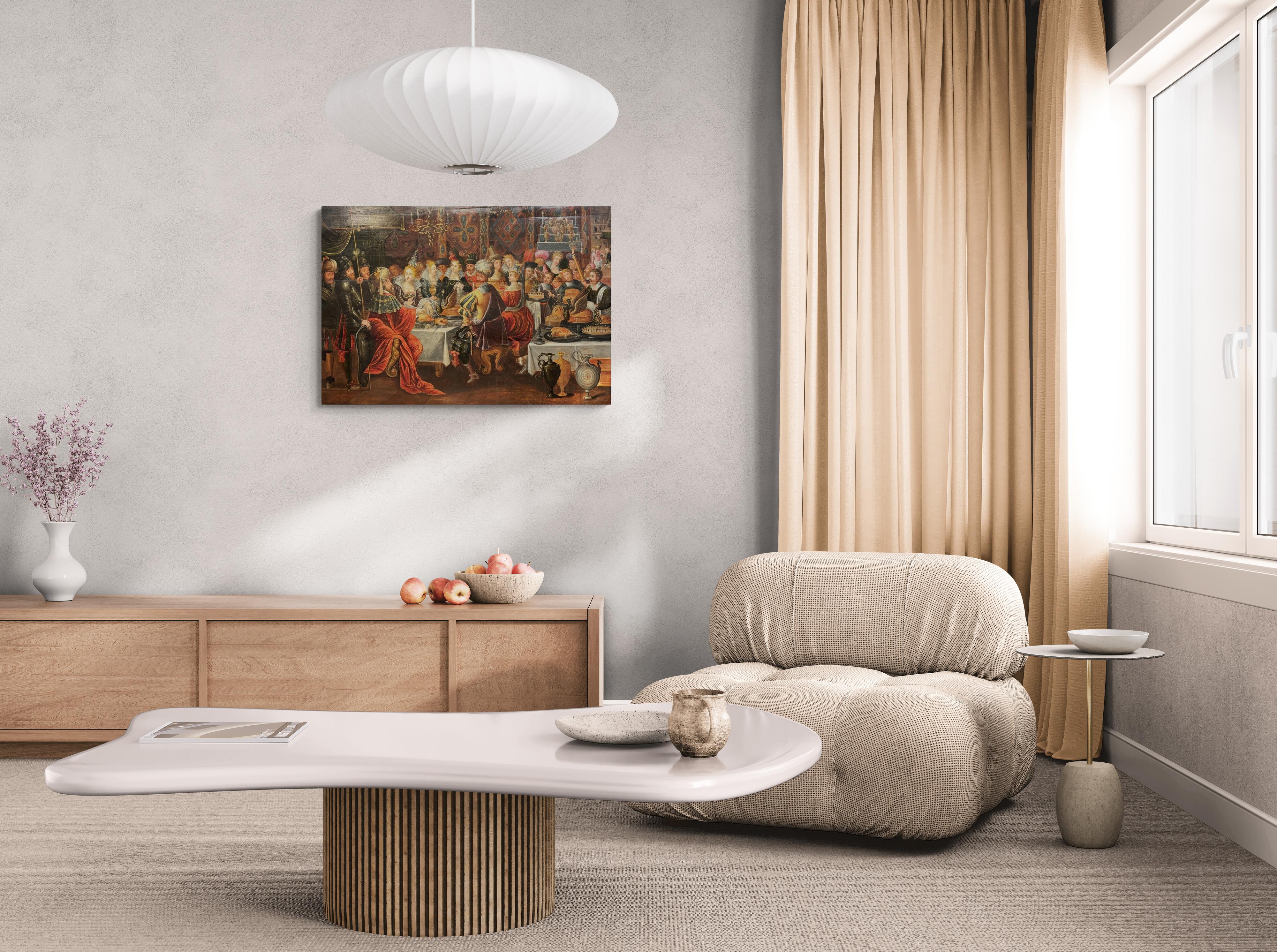 Large oil on oak panel (105 x 72 cm), portraying ‘The Feast of Balthazar’.
Attributed to Frans Franken II and his workshop.
The workshops of Antwerp spread throughout Europe, producing small and medium-sized paintings illustrating religious,