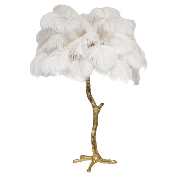 IKKSA Feather Table Lamp - White Metal Base LED Bedside Lamp, Energy Efficient Night Light