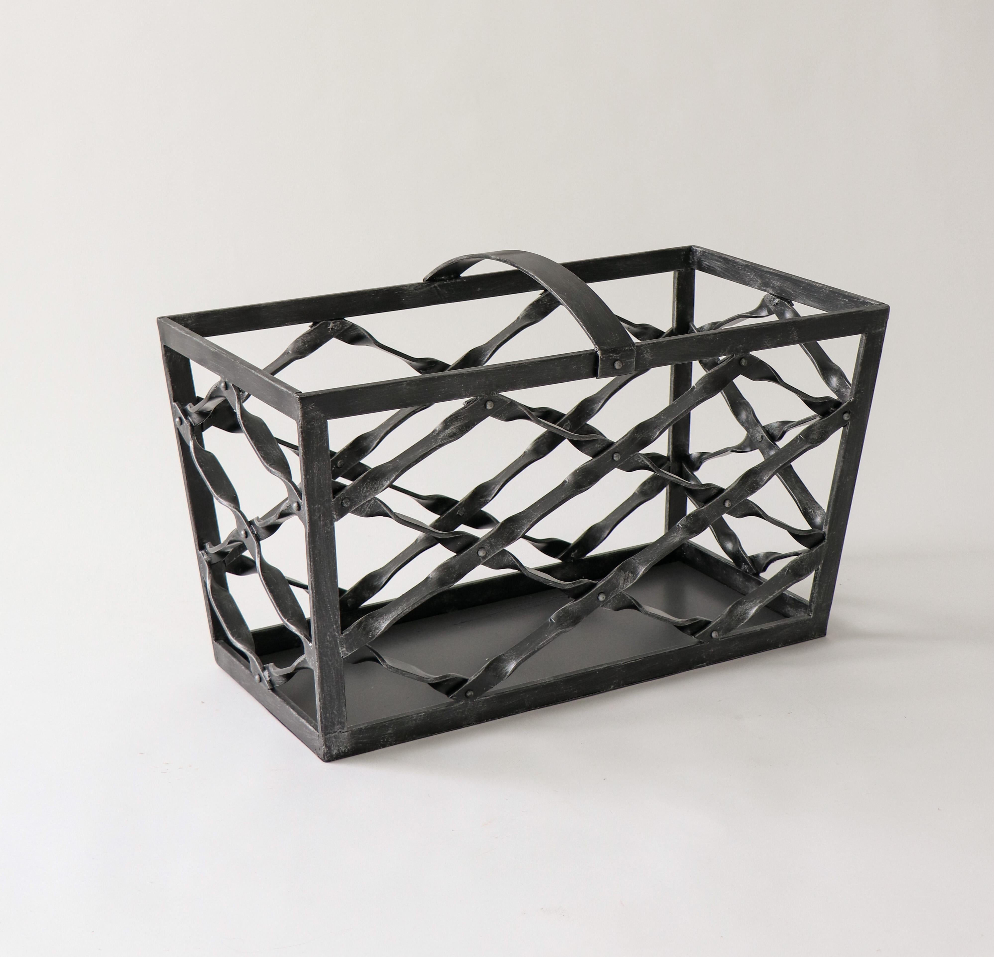 Forged Sculptural Big Black Iron Basket Storage Contemporary Design Wrought Iron