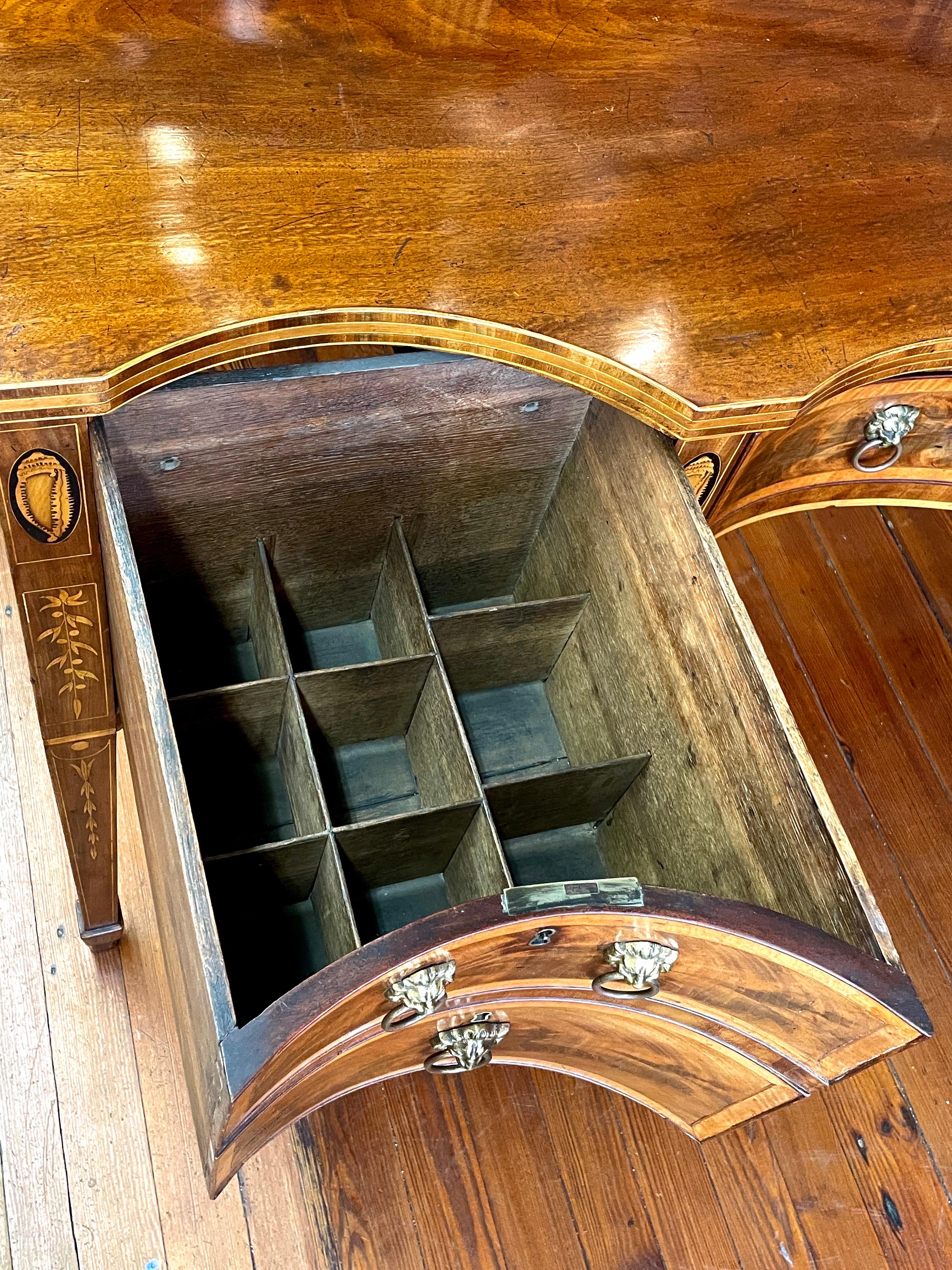 THE Finest late 18th C. inlaid flame mahogany Hepplewhite Serpentine Sideboard 6