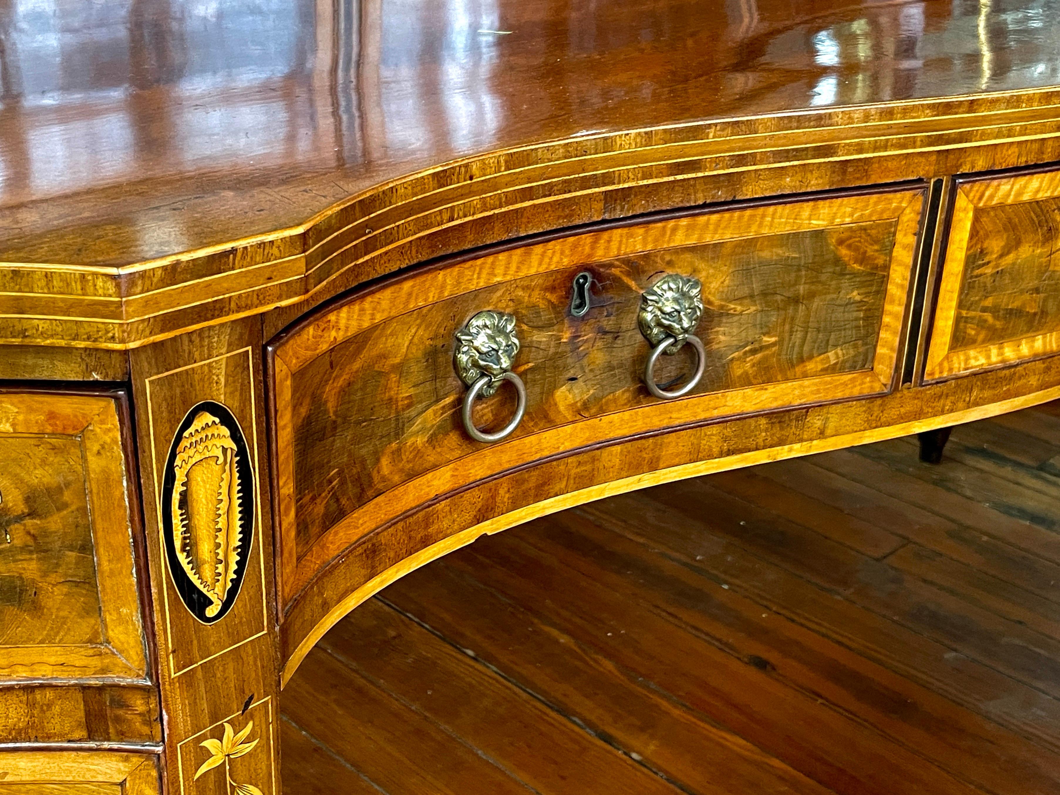 George III THE Finest late 18th C. inlaid flame mahogany Hepplewhite Serpentine Sideboard