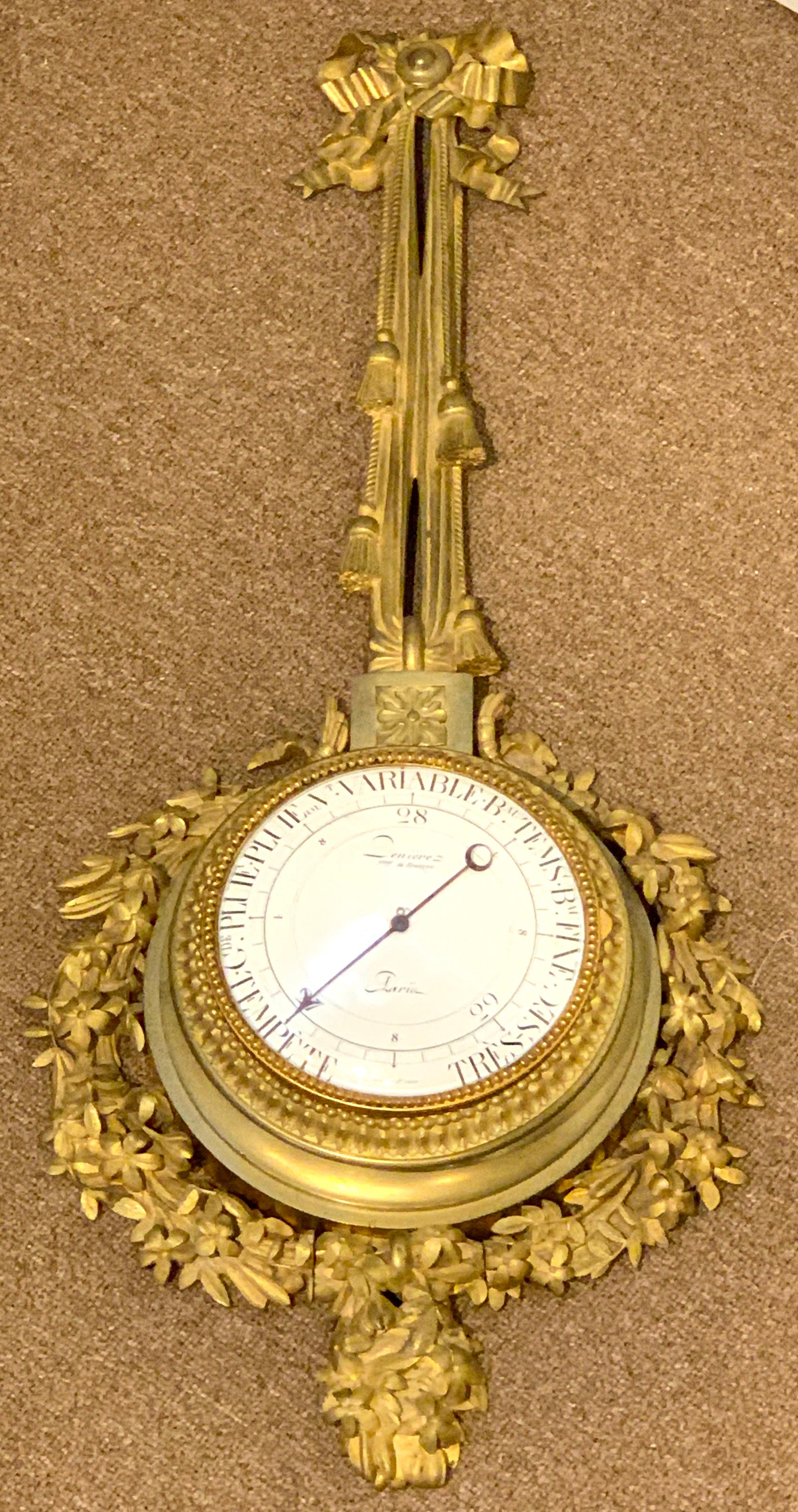 The finest Louis XVI style gilt bronze barometer, by Deniere, Paris, circa 1880
Jean-Francois & Guillaume Deniere Fl, 1820-1901
Exquisite detailed casting with tassels and foliate wreath, substantial in size 35 inches high x 14 inches wide, 8 inch
