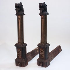 The Fire Breathers: Pair of French Gothic Revival Dragon Head Andirons
