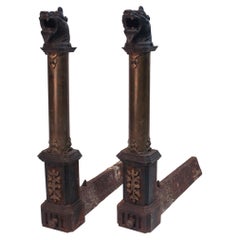 The Fire Breathers: Pair of French Gothic Revival Dragon Head Andirons
