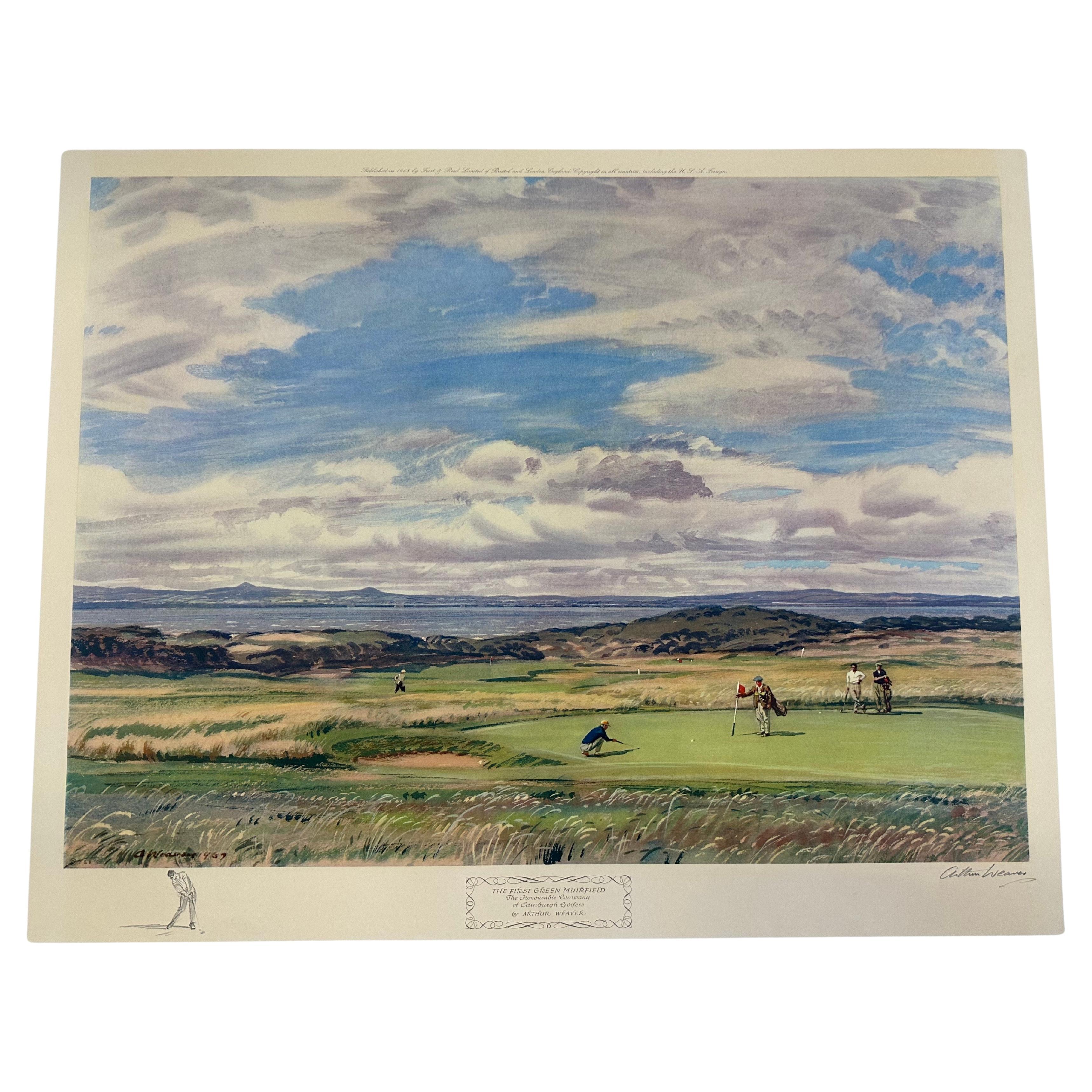 Stampa di golf "Il primo verde di Muirfield" con schizzo originale di Arthur Weaver