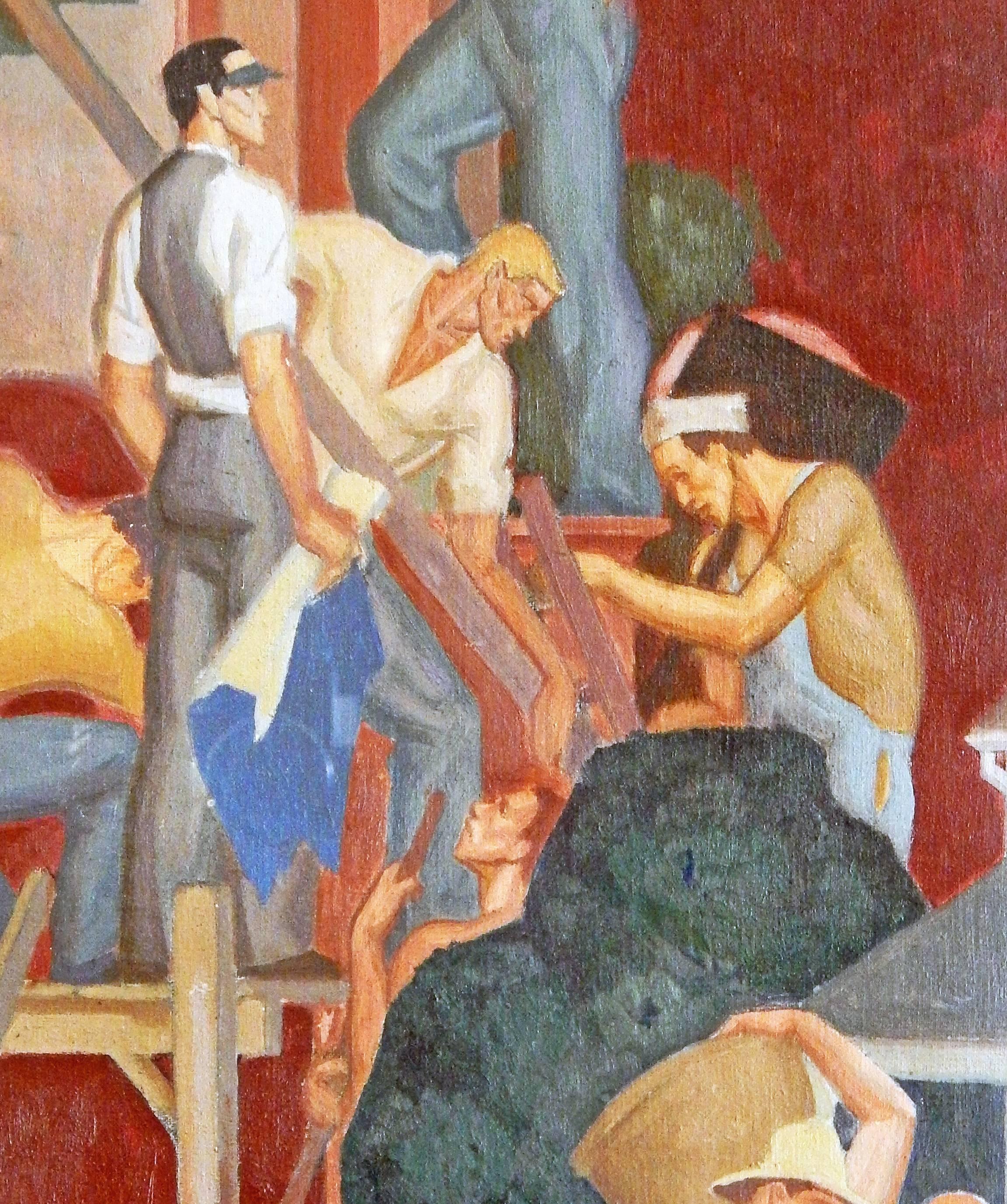 This important and very rare mural study, executed in oil on canvas, was painted by Dunbar Beck in the 1930s, evidently for a project that was never completed. The painting depicts in classic WPA manner a pyramid of American workers including a